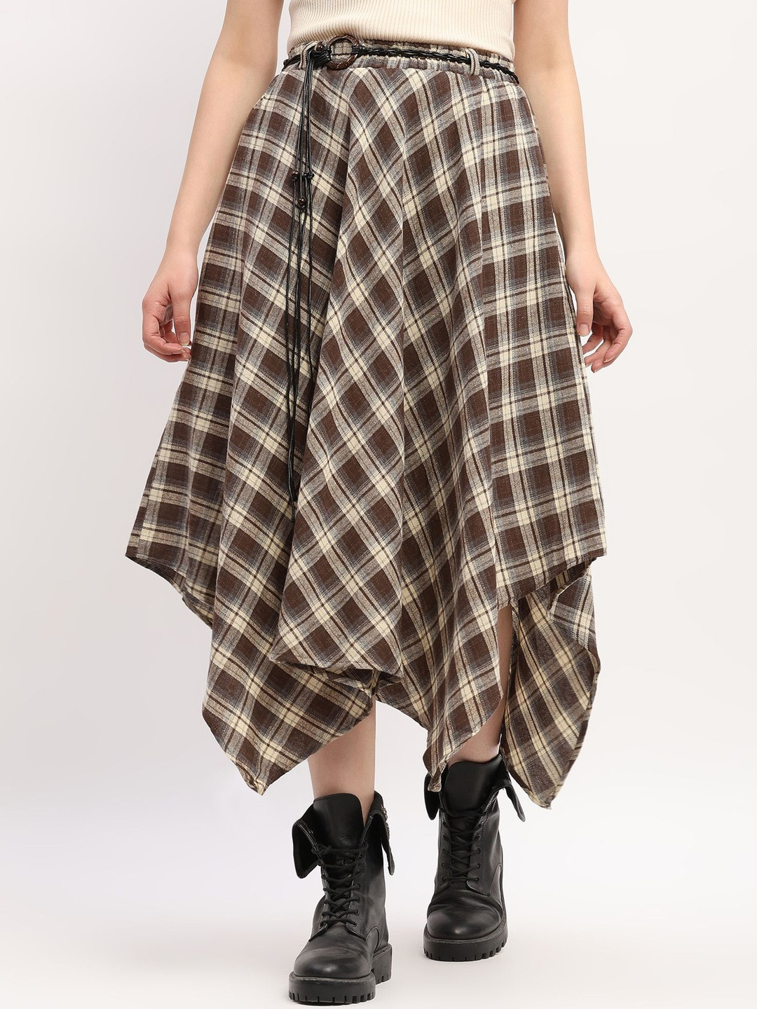 Global Republic Checked Midi-Length Assymetric Hen Flared Handkerchief Skirt