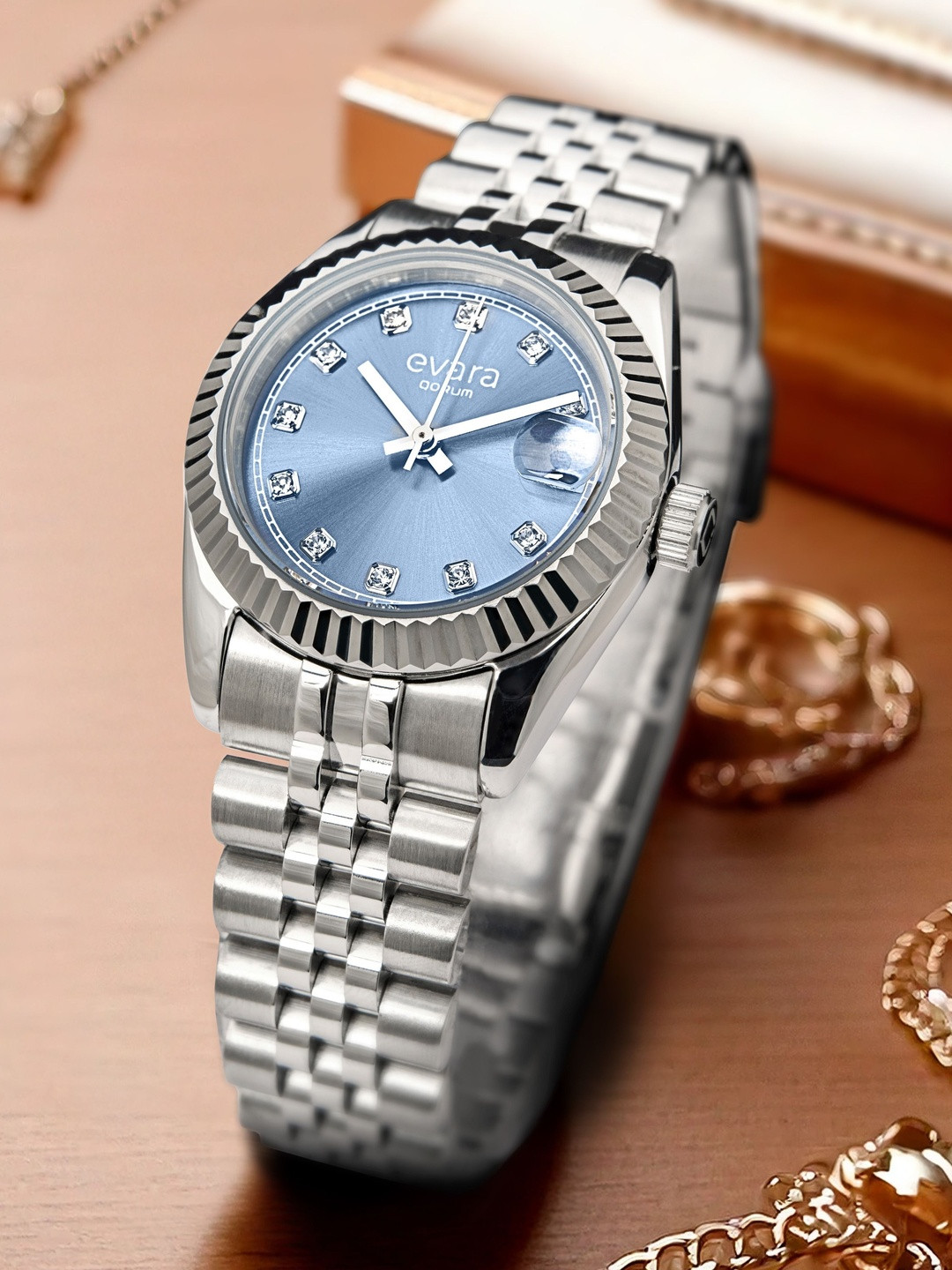 QORUM INDIA Women Embellished Dial & Stainless Steel Analogue Watch G134 Evara-Blue