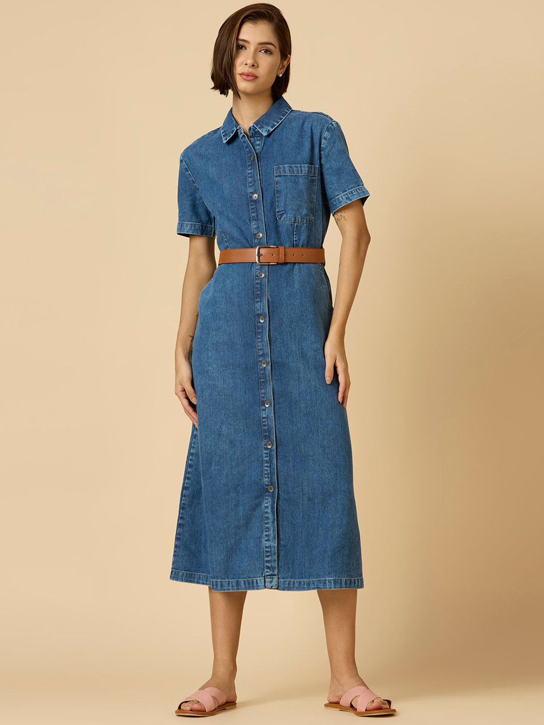 Chemistry Waisted Pure Cotton Shirt Collar Belted Casual A-Line Midi Dress