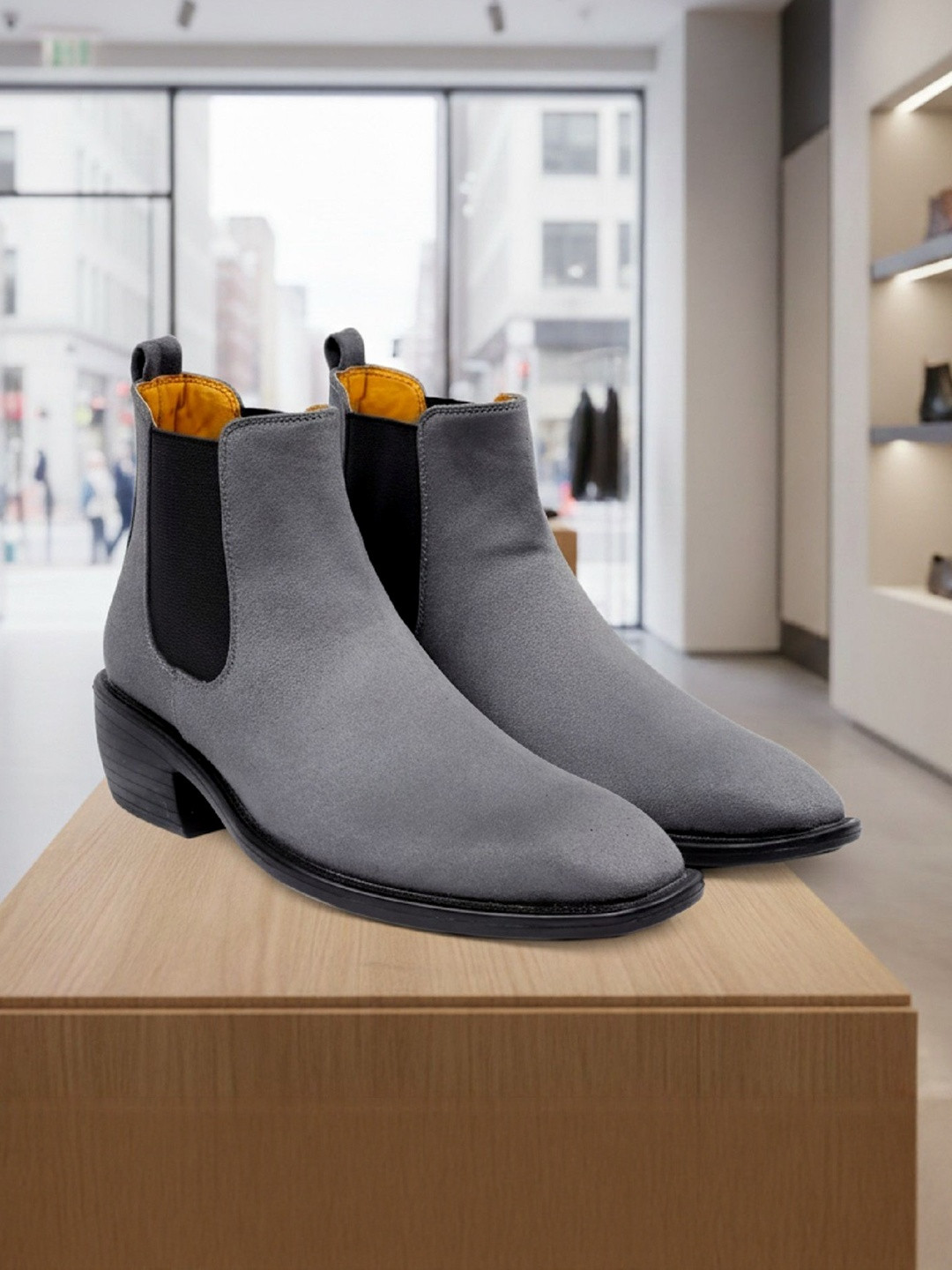 Bxxy Men Solid Round Toe Suede High-Top Block Heel Chelsea Boots