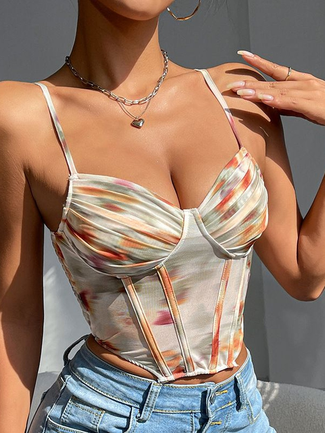 HERE&NOW Women Printed Shoulder Straps Smocking Crop Top