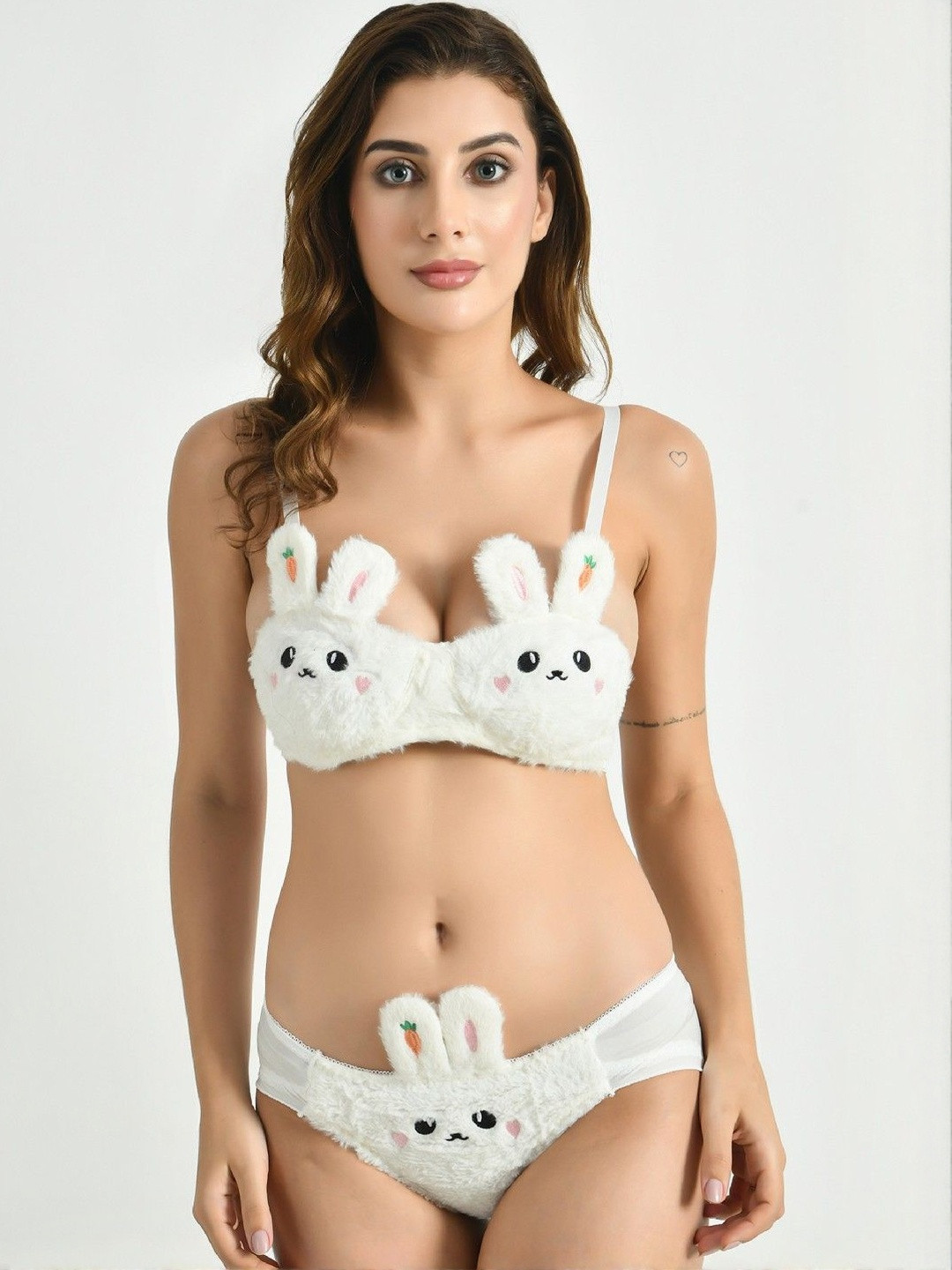 2 KOLPOL Kitty Cartoon Design Non-Wired Lightly Padded Low-Rise Bra And Panty