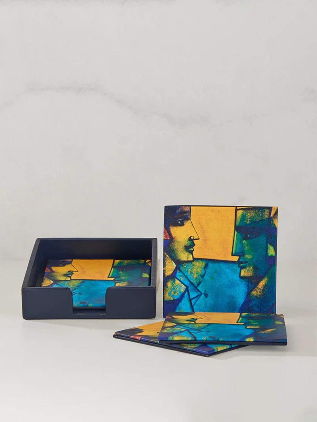 The Gift Studio 4-Pieces Blue And Yellow Printed Square Shaped Coasters