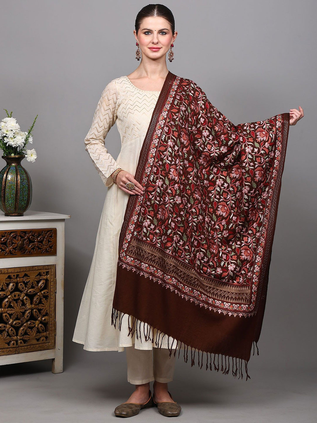 Exotic India Floral Chain Stitch Embroidered Thread Work Pure Woollen Shawl