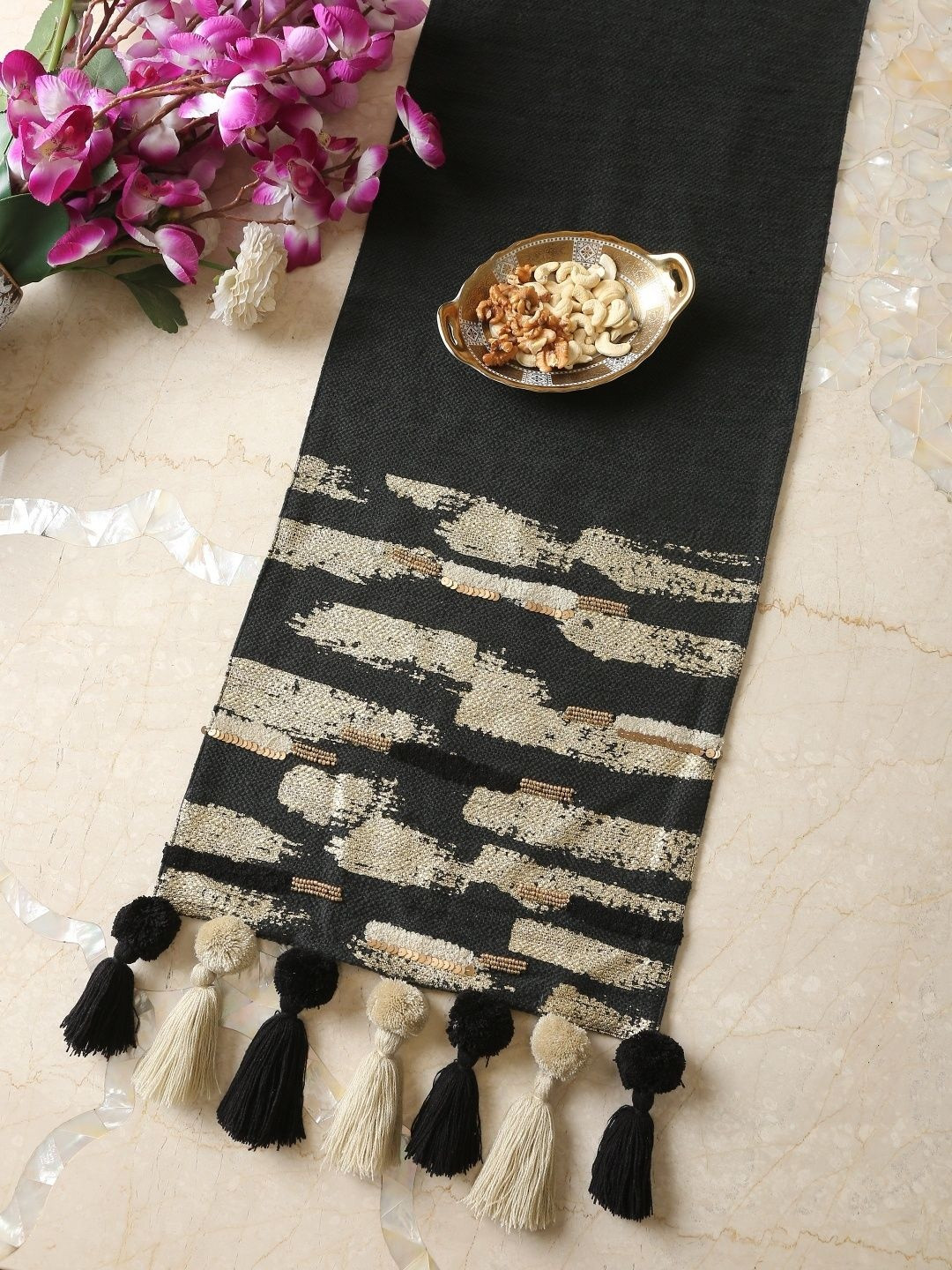 Revive Home Black Table Runner With Tassels
