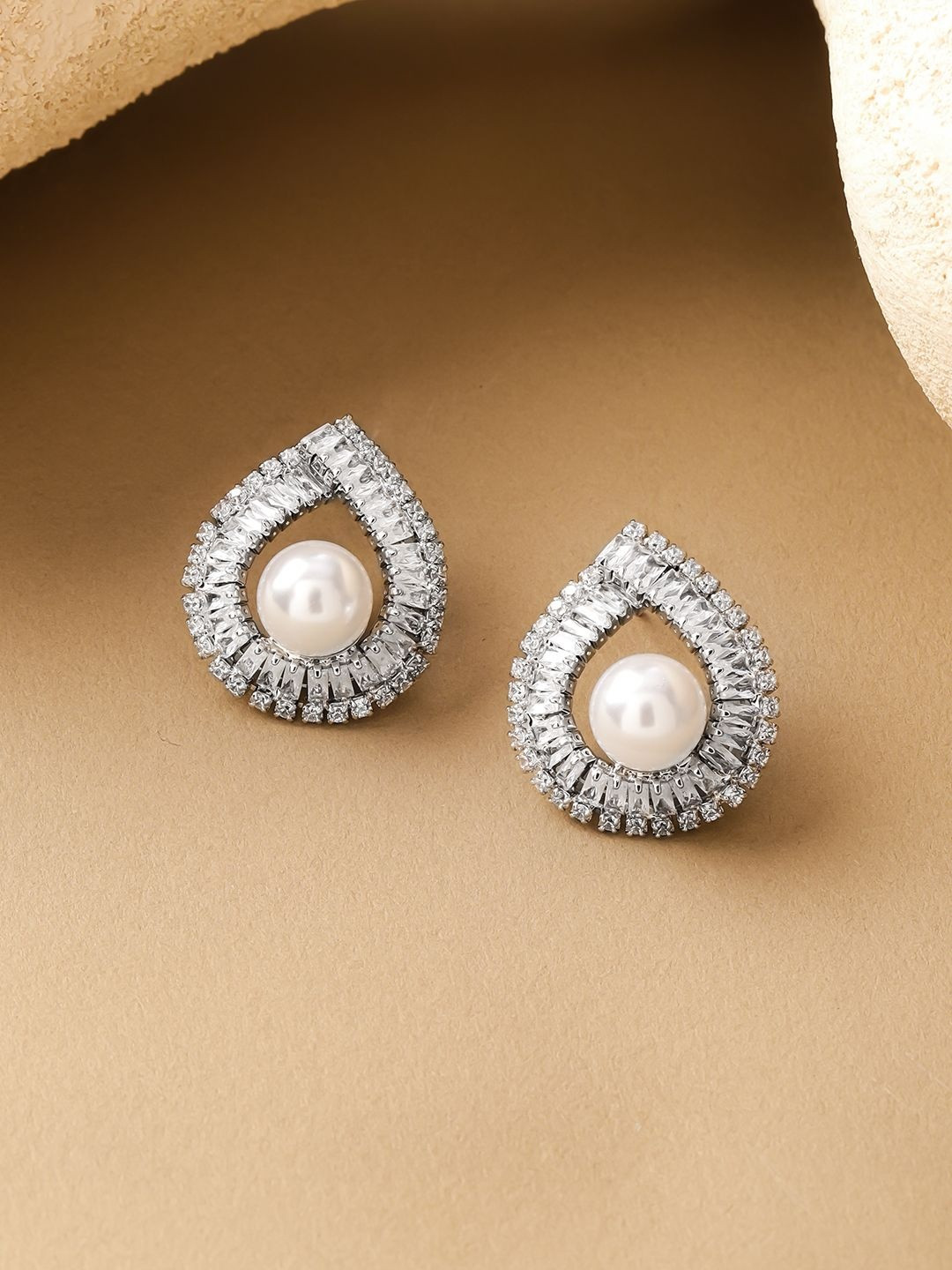 Rubans Voguish Rhodium-Plated Crystal AD & White Pearl Teardrop Stud Earrings