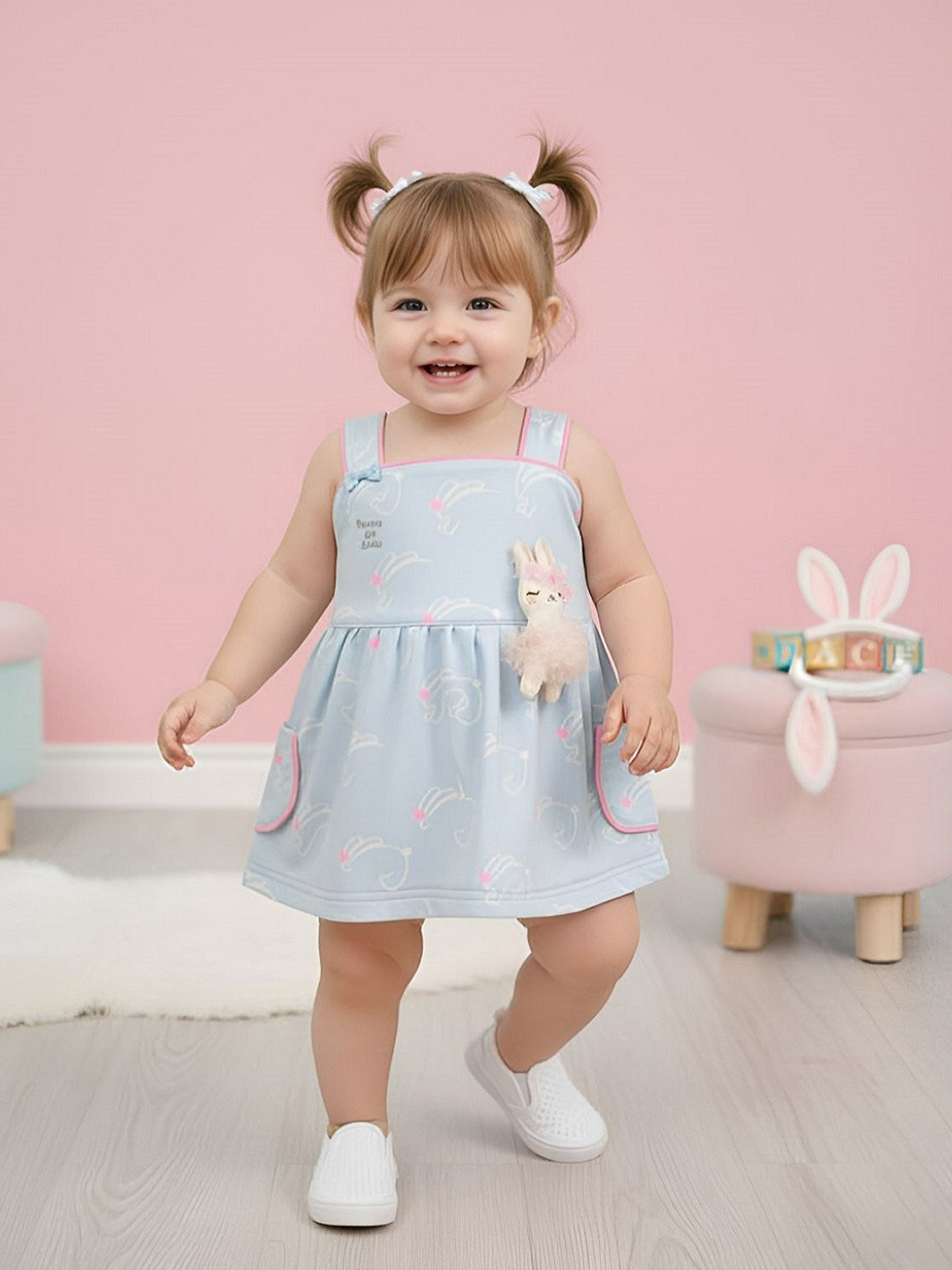 Babys Day Conversational Printed Shoulder Straps A-Line Cotton Dress