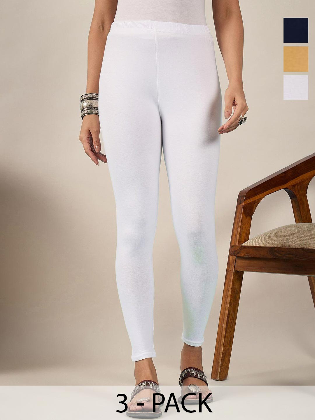 IQOA Women Pack Of 3 Solid Mid-Rise Ankle Length Pure Cotton Leggings