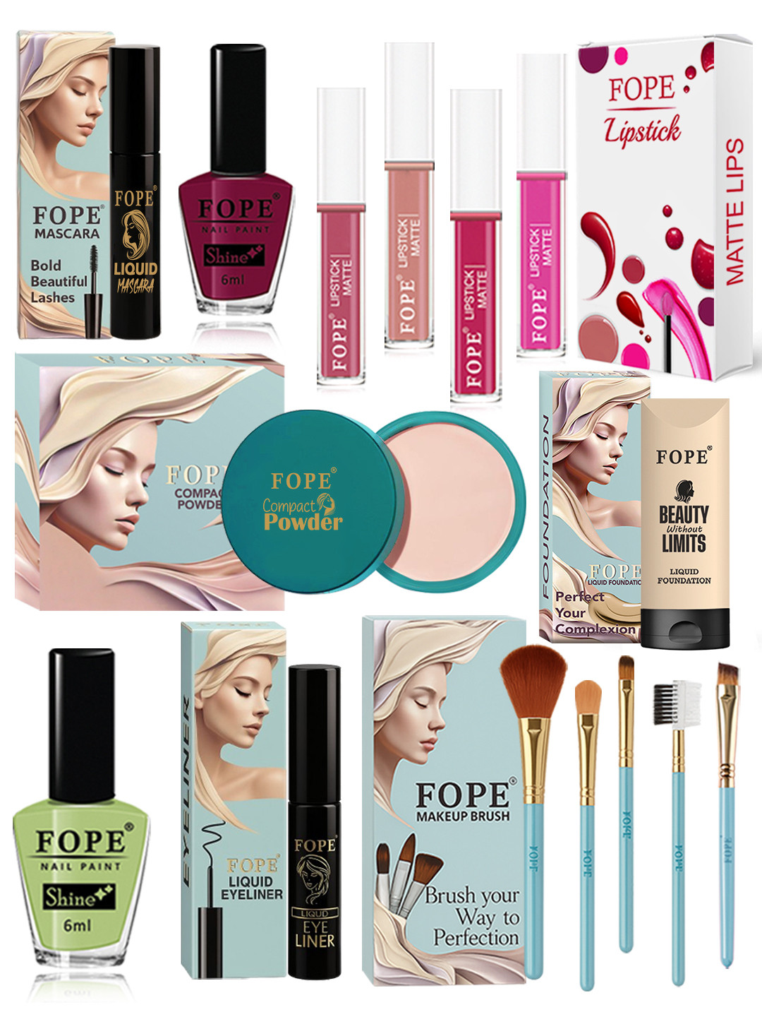 FOPE Set Of 15 Long Lasting All In One Glamour Natural Look Makeup Combo