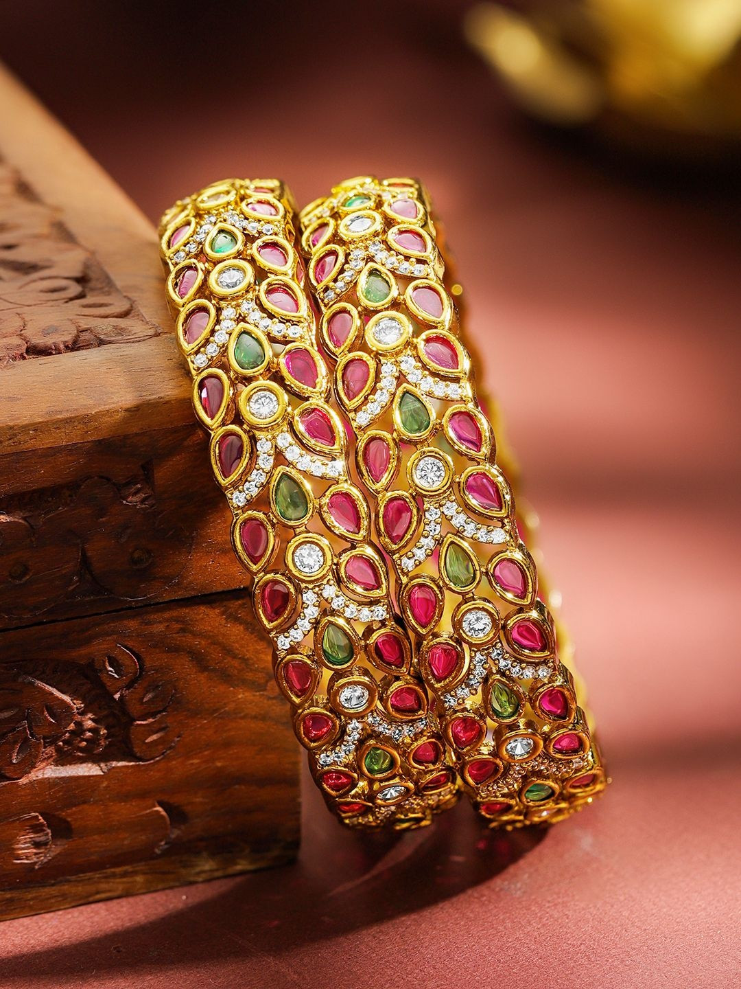 Rubans Set of 2 22K Gold-Plated Ruby Pink,Green & White Cubic Zirconia Leaf-Design Bangles