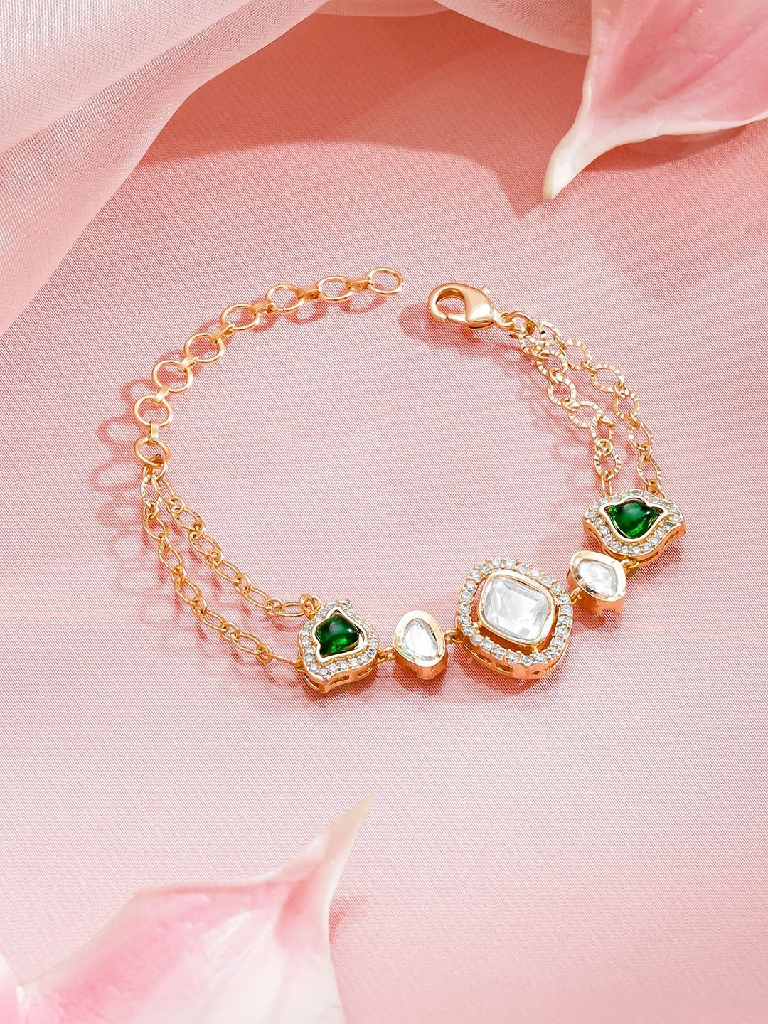 Rubans 18K Gold-Plated Brass Emerald Green & White Kundan-CZ Dual Chain Bracelet