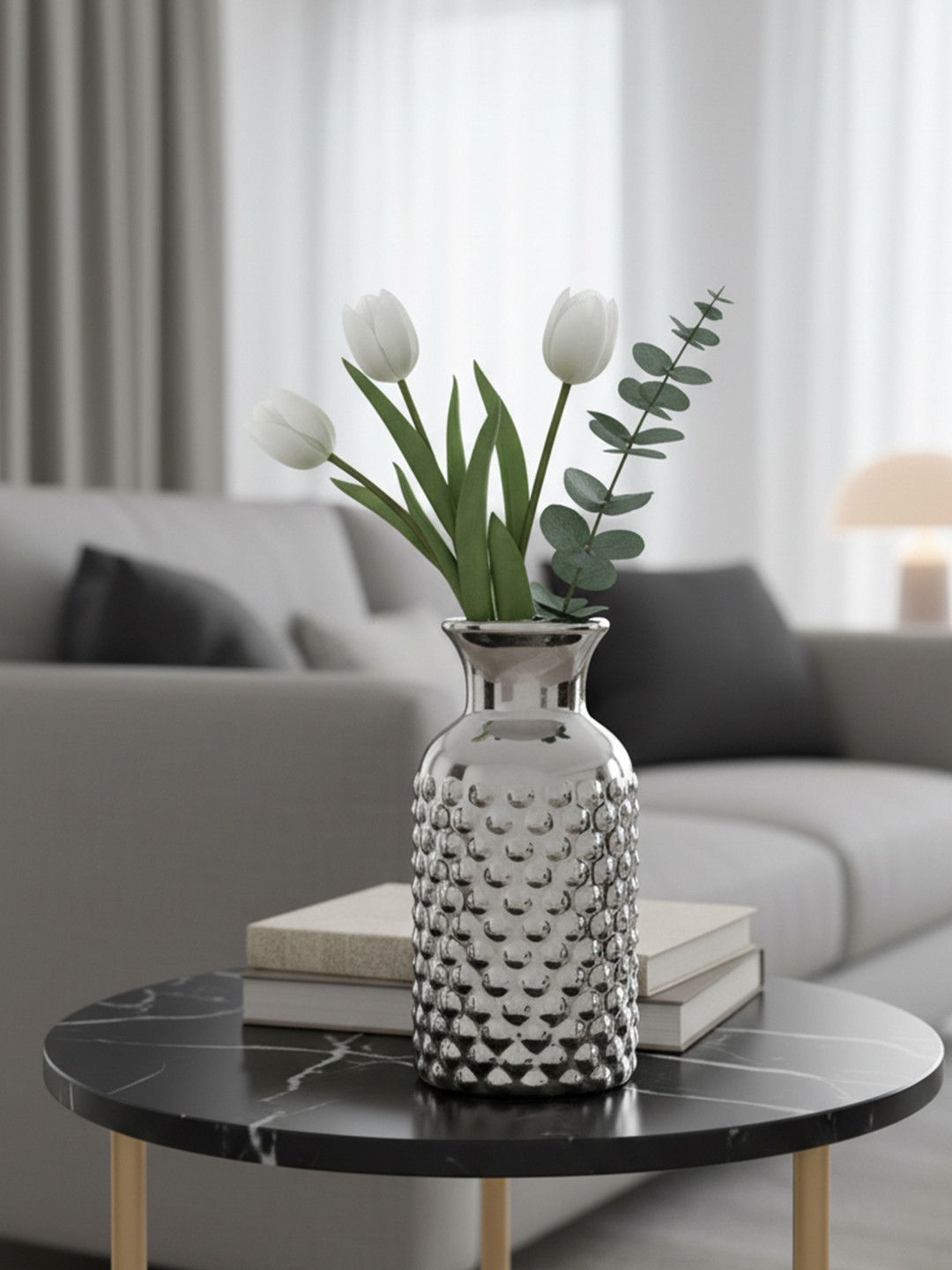The Decor Lane Metallic Silver-Coloured Textured Ceramic Vase