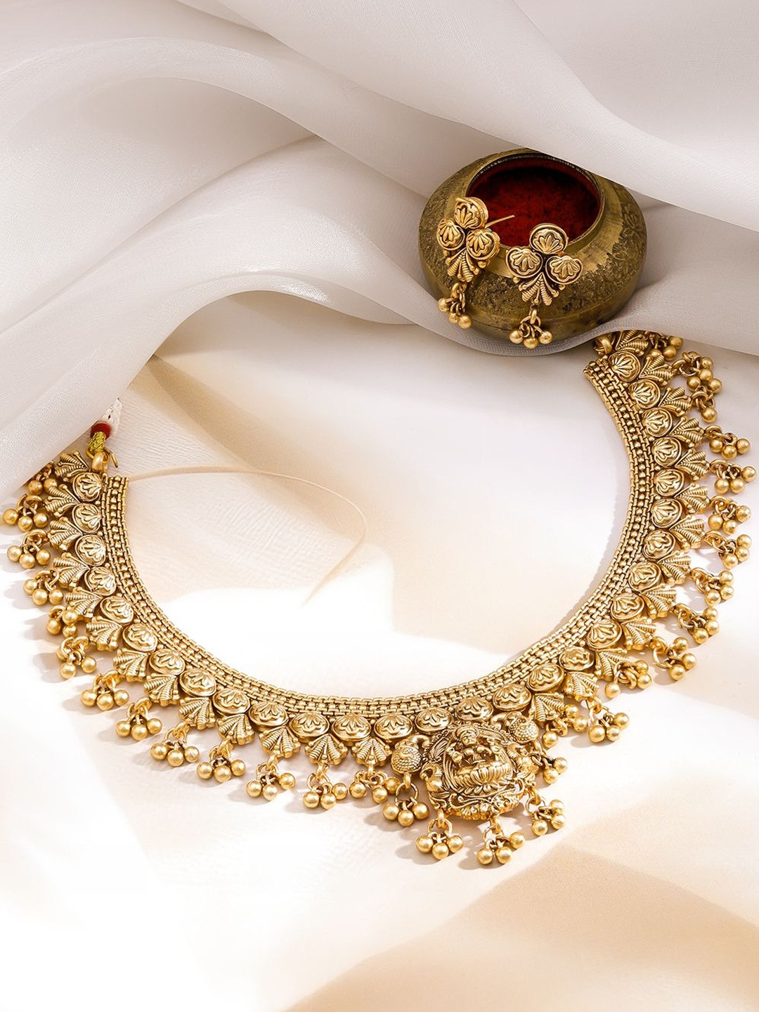 Rubans 22KT Gold-Plated Beaded Floral Motifs Goddess Lakshmi Temple Jewellery Set