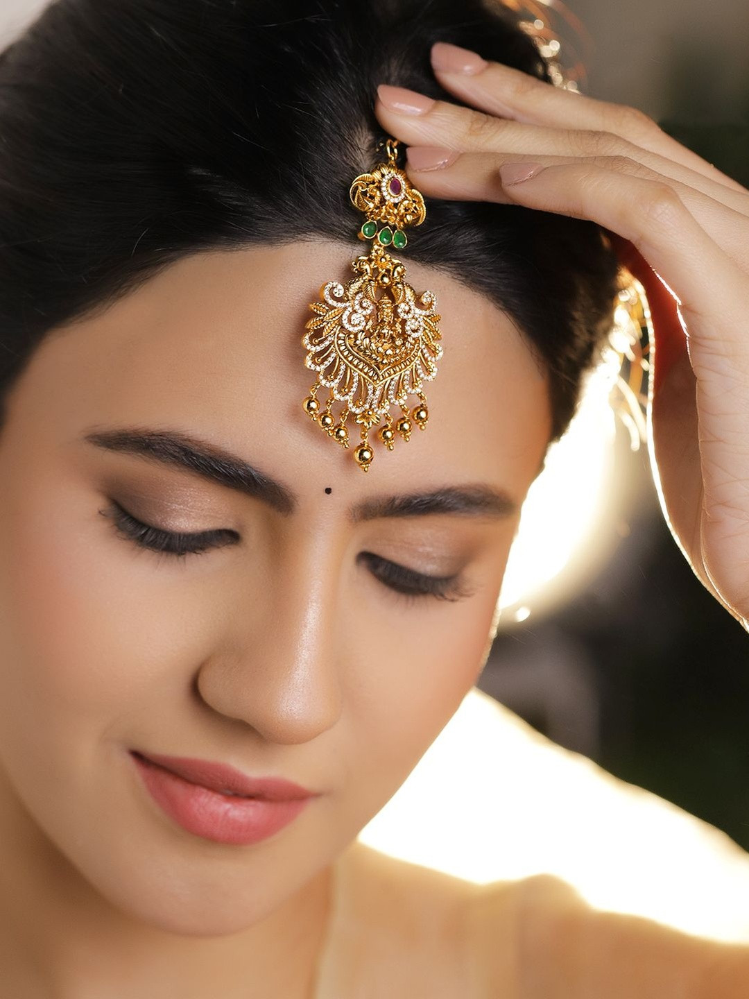 Rubans 22K Gold-Plated Ruby Red, Emerald Green & CZ Temple Lakshmi Maang Tikka