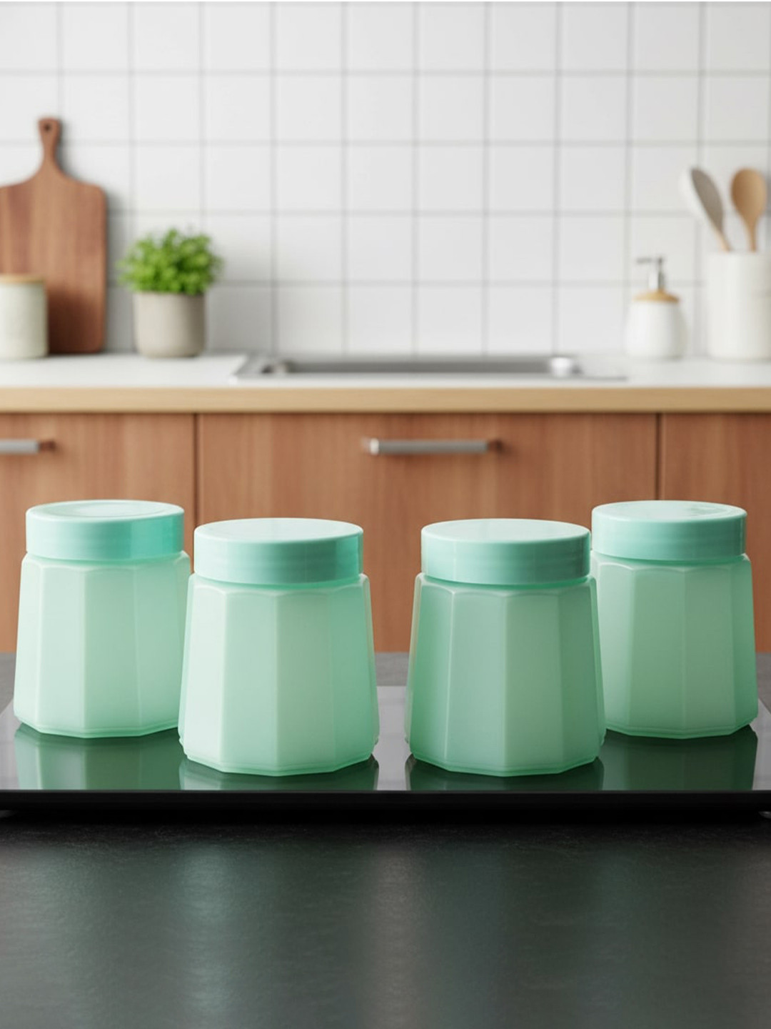 CROCO JAR Sea Green 4 Pieces Glass Dishwasher Safe Container 300 ml