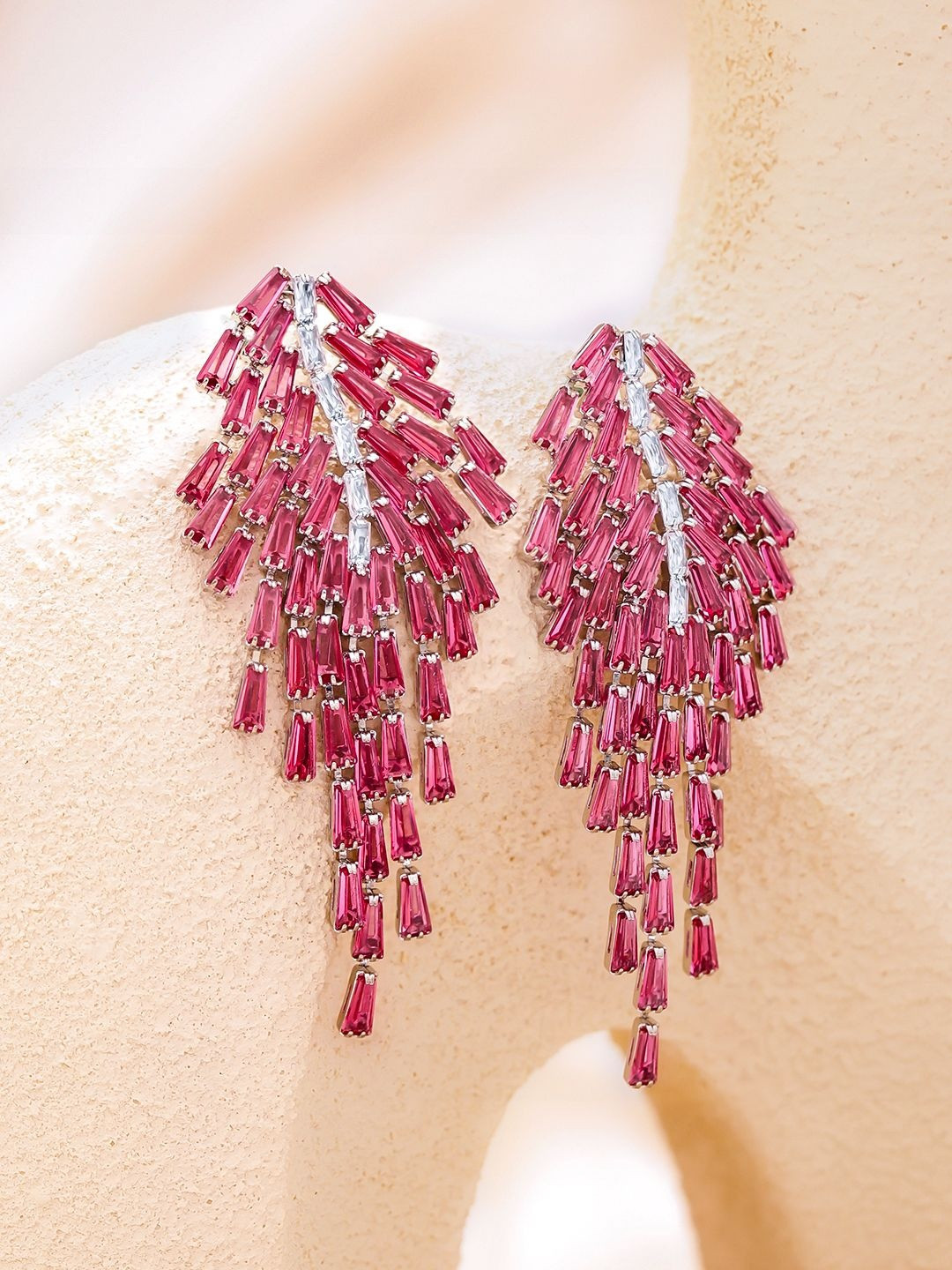 Rubans Rhodium-Plated Crystal Ruby Pink AD & Zirconia Tassel Danglers Earrings