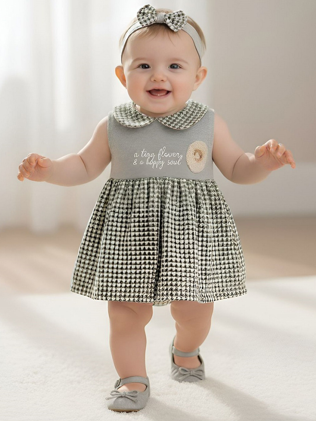 Babys Day Girls Peter Pan Collar Checked Cotton Fit & Flare Dress