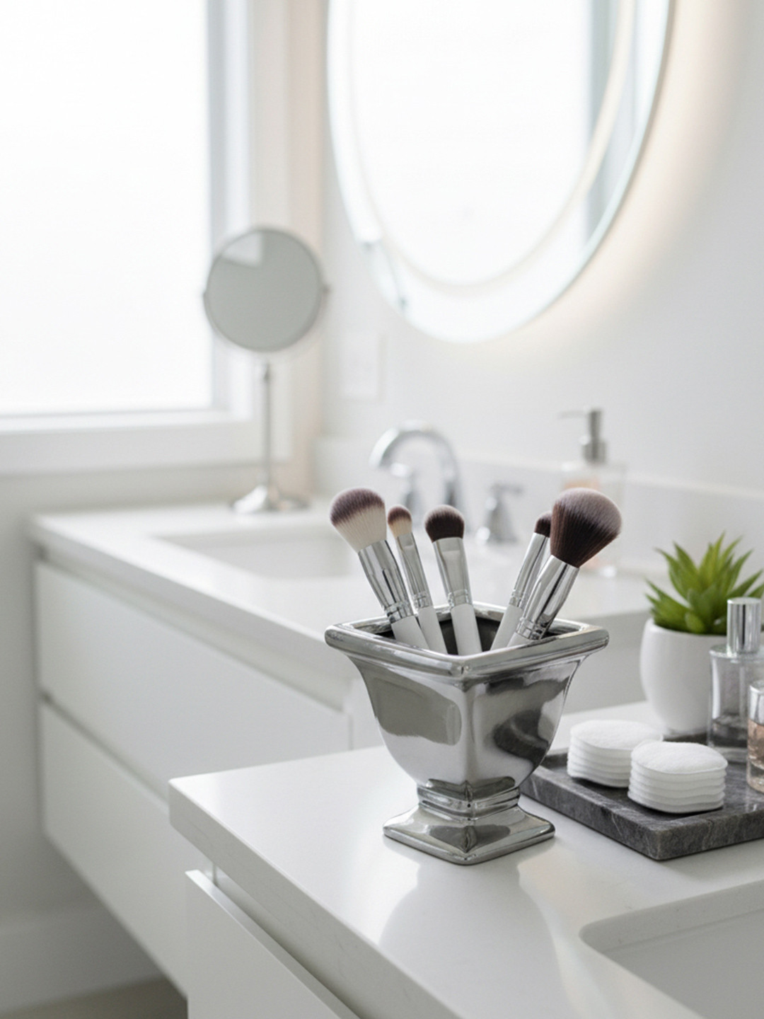 The Decor Lane White Square Pedestal Silver Vase