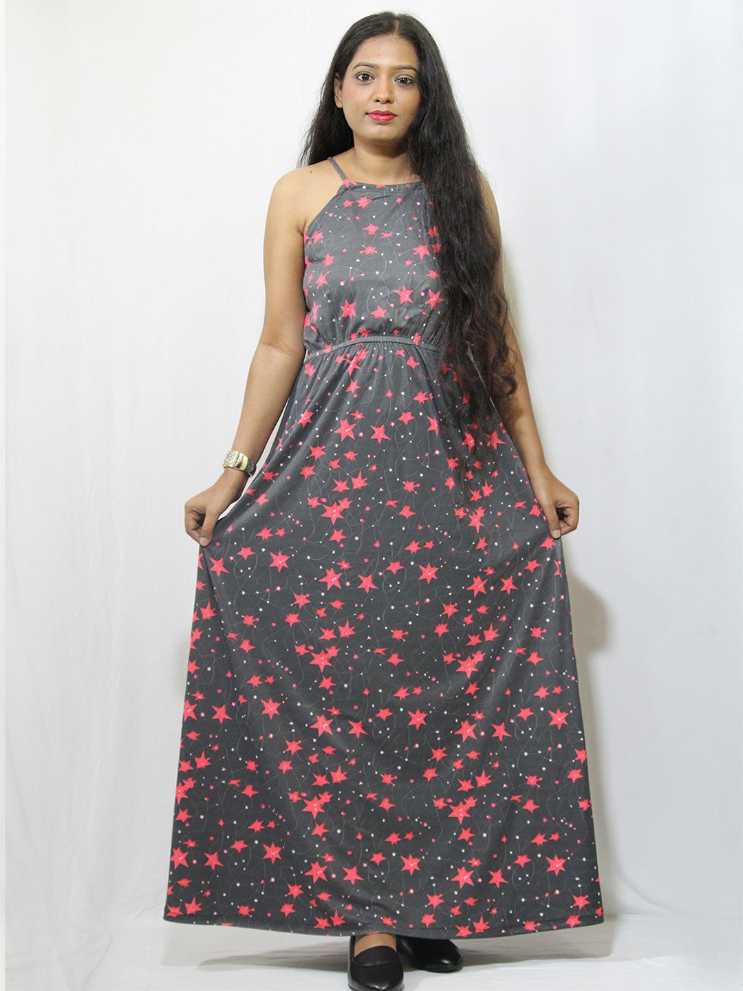 Lola Dola Star Print Halter Neck Fit & Flare Maxi Dress