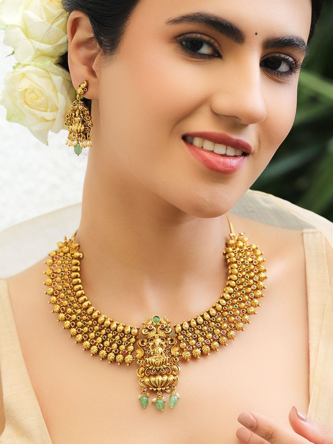 Rubans 24K Gold-Plated Brass Golden Beads, Ruby Pink & Green Stones Temple Necklace Set