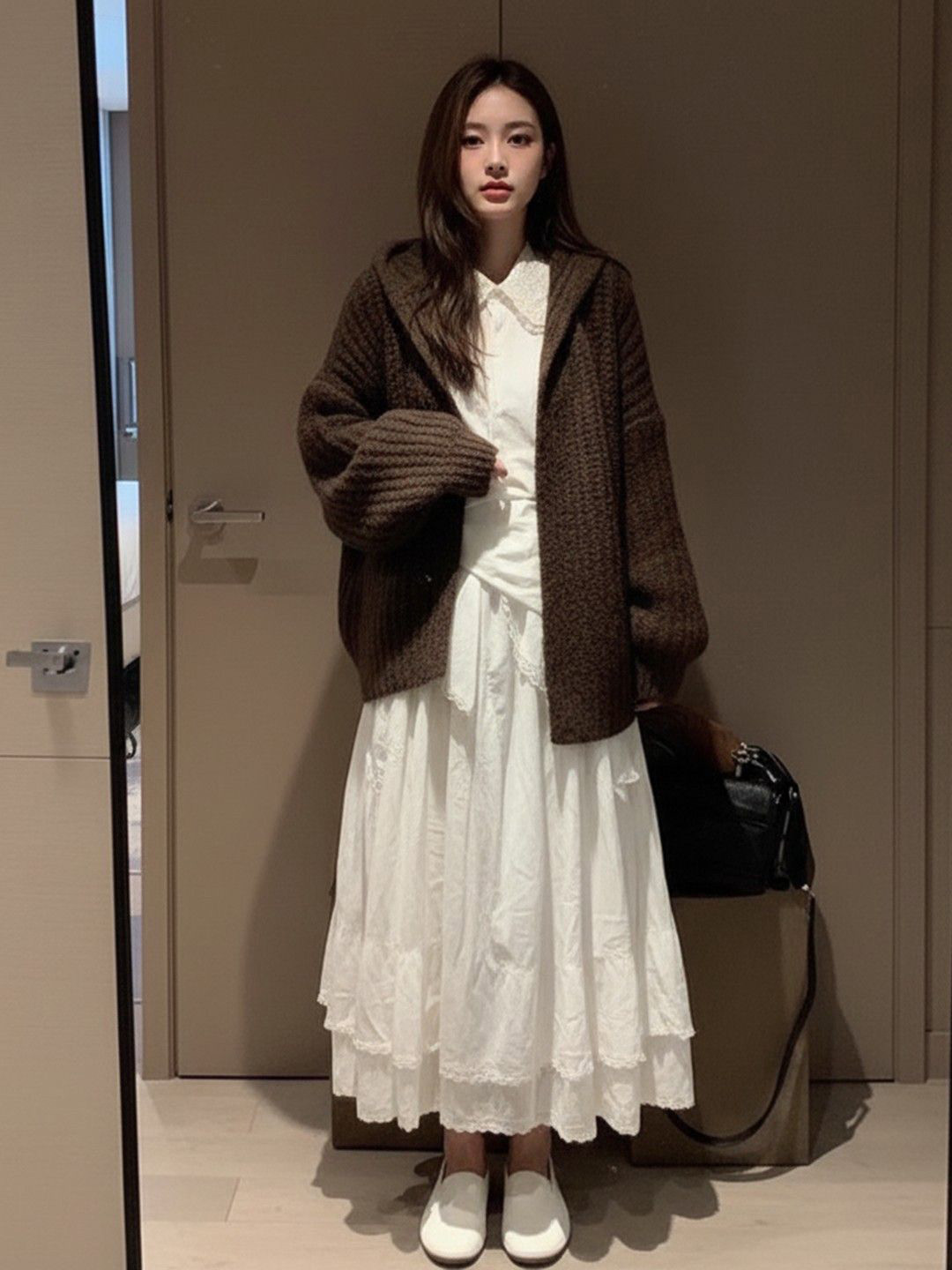 HERE&NOW Women Open Knit Self Design Hood Woollen Front-Open Longline Cardigan