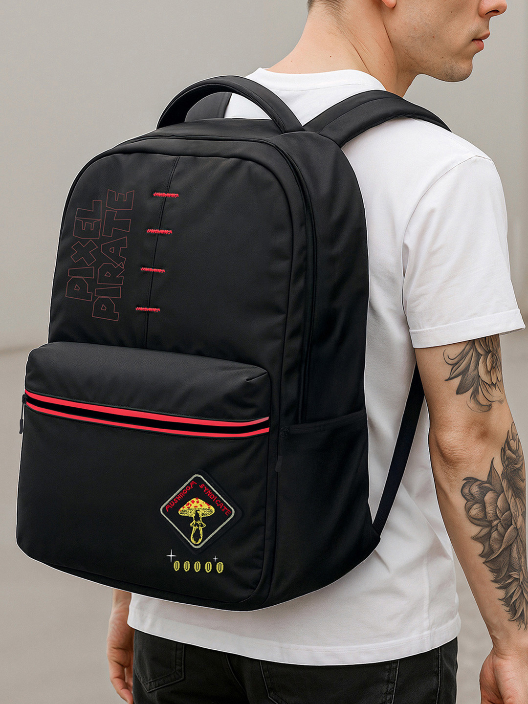 Bewakoof Unisex Black Pixle Pirate Printed Backpack