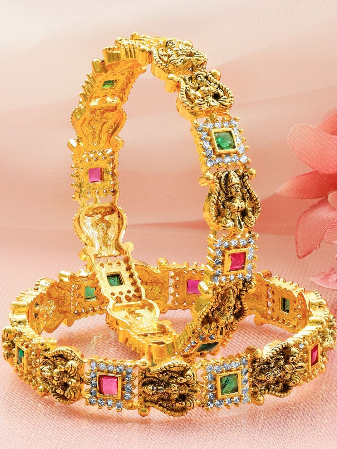 Rubans Set of 2 22K Gold-Plated Brass Ruby Pink, Emerald Green & White CZ Temple Bangles