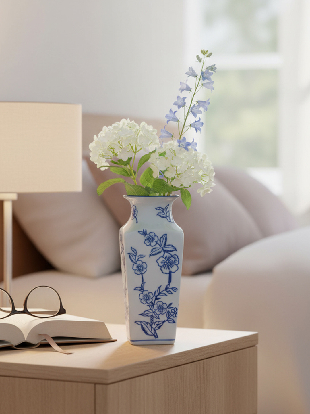 The Decor Lane White & Blue Floral Printed Ceramic Pottery Vase