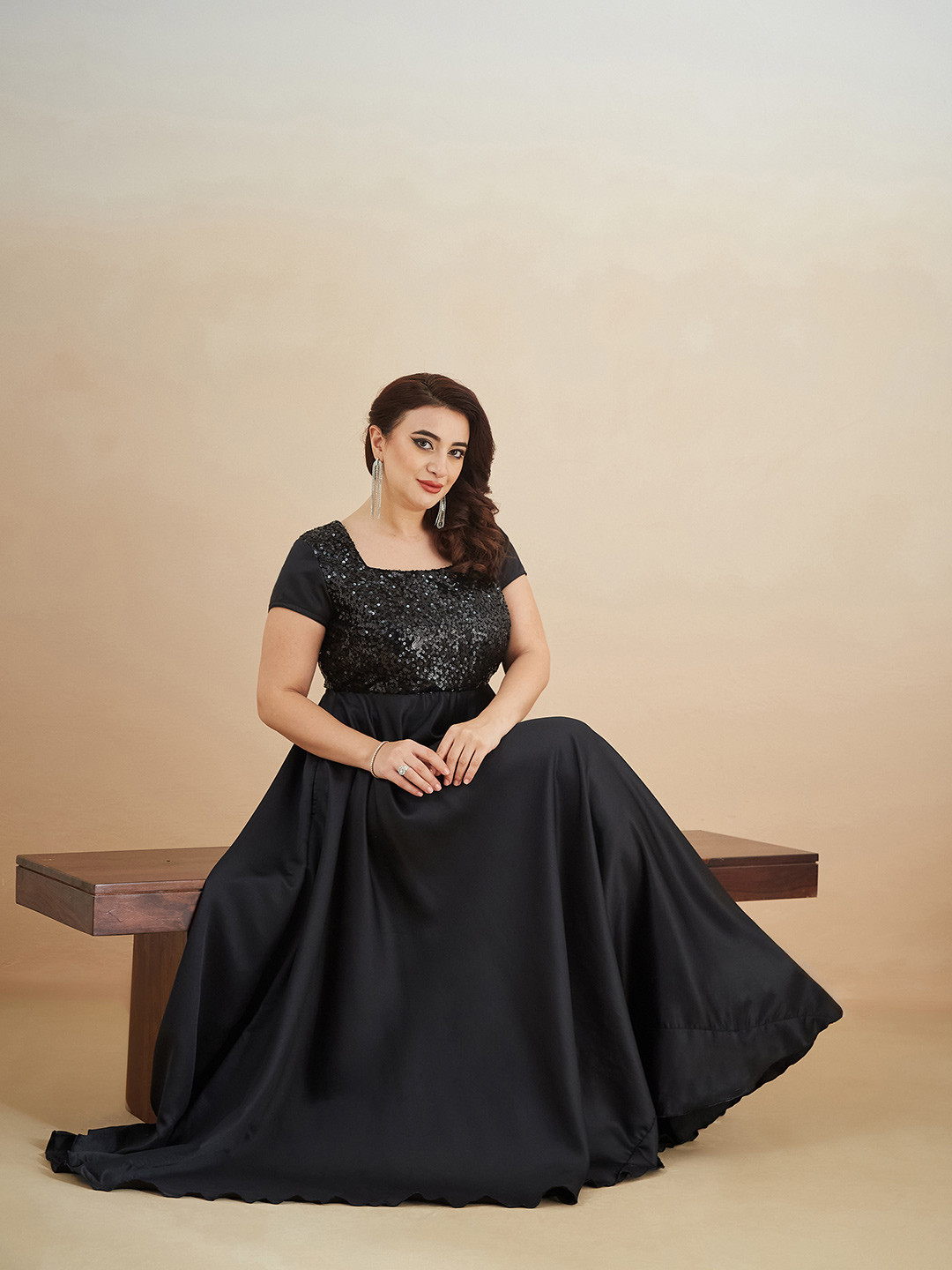 Miss Chase A+ Women's Black Square Neck Short Sleeve Embellished Fit & Flare Maxi Dress