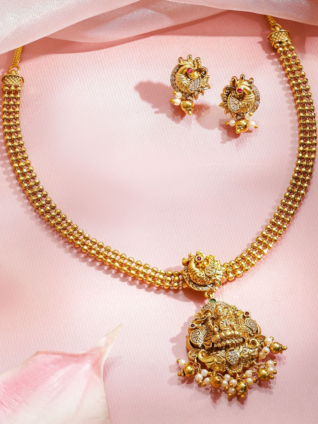 Rubans 18K Gold-Plated Brass Temple Necklace Set with CZ Stones & Bead Drops