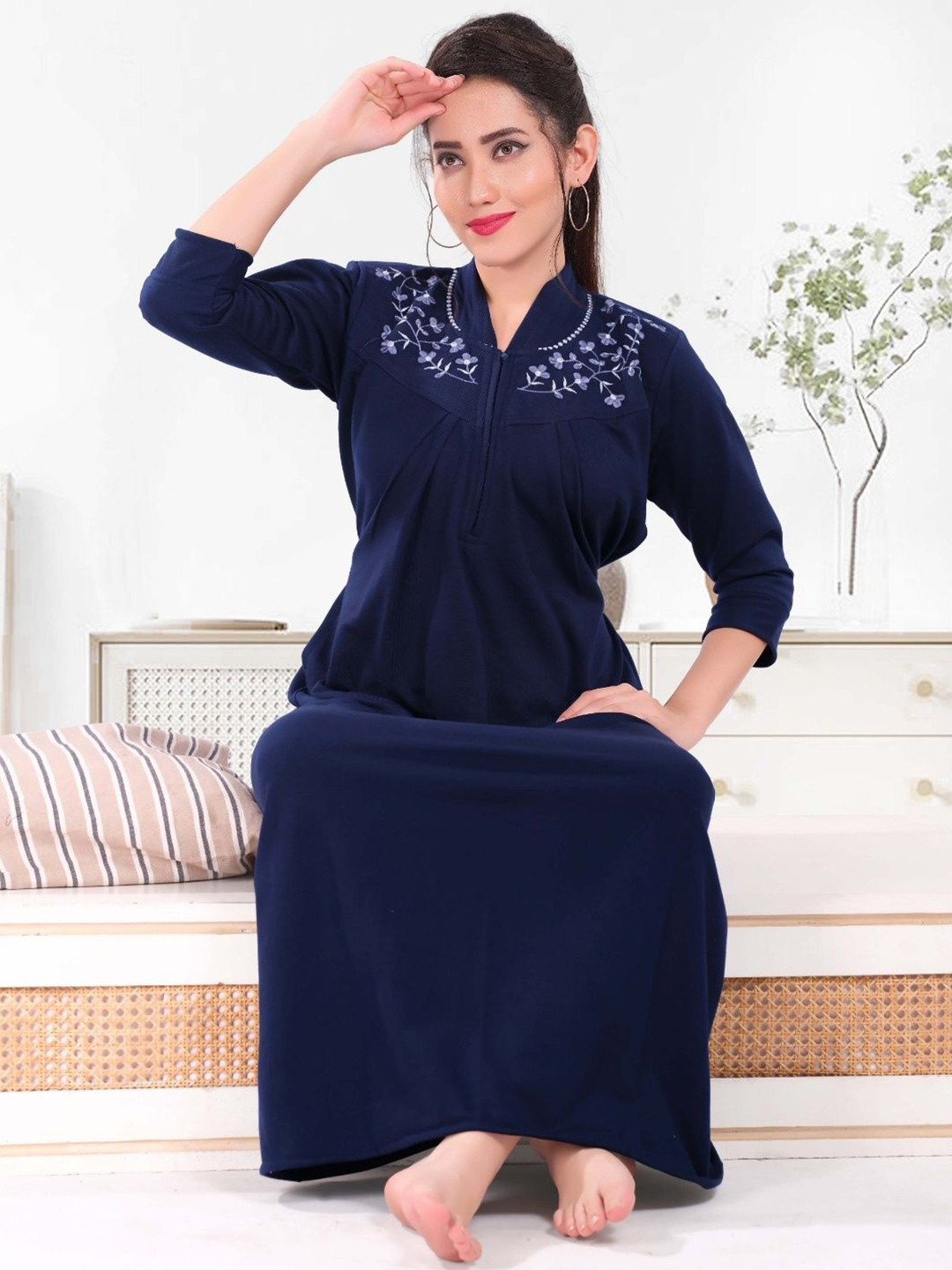 Womenoire Floral Embroidered Mandarin Collar Maxi Nightdress