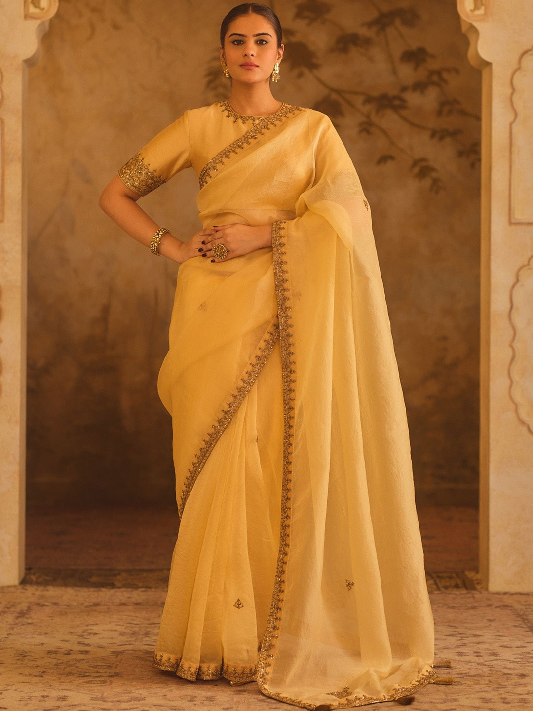 AFRIYA Embellished Zari Art silk Heavy Work Chanderi Saree