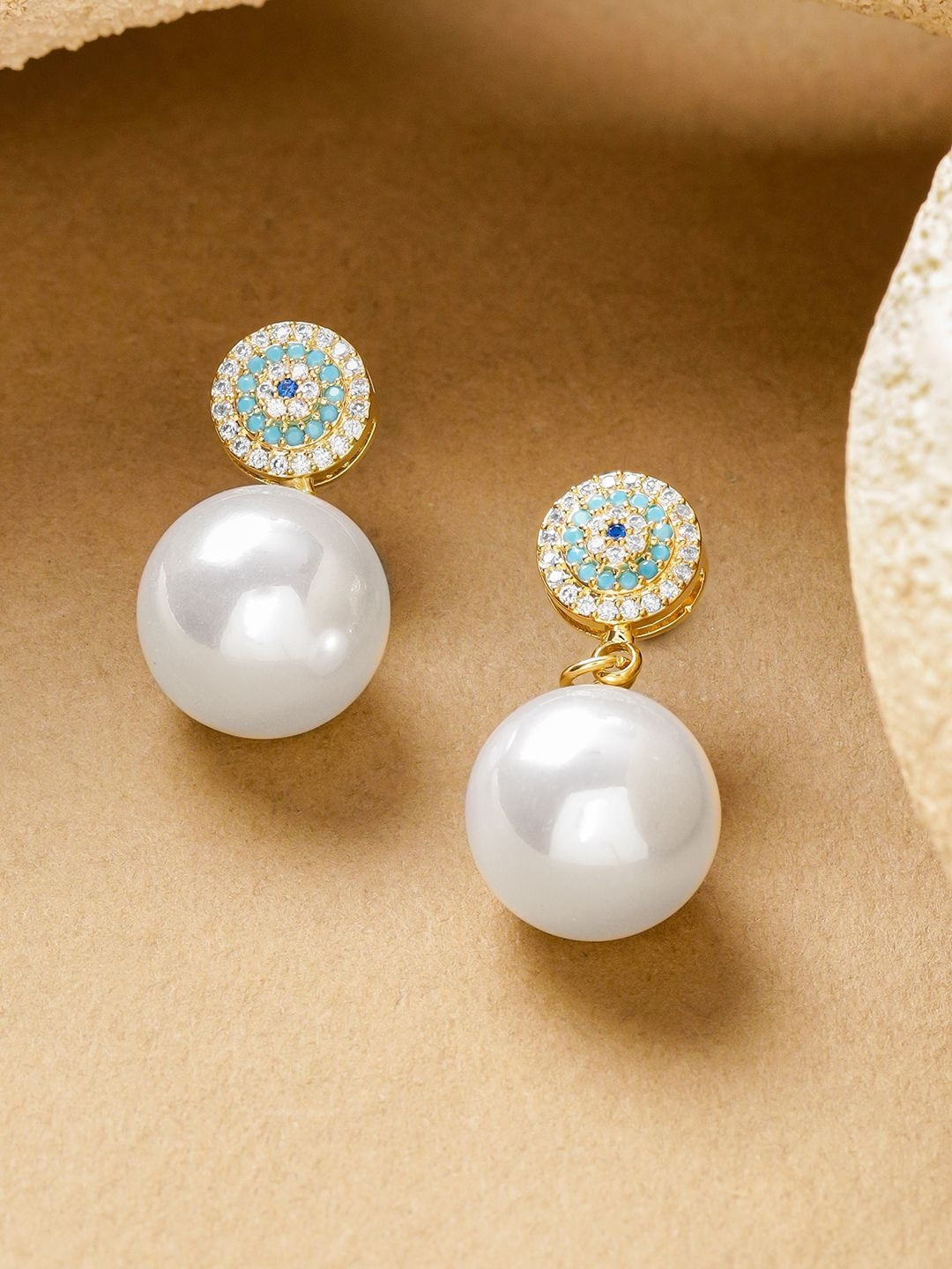 Rubans 18K Gold-Plated Brass Blue & White Zirconia Studs and White Pearl Drops Earrings
