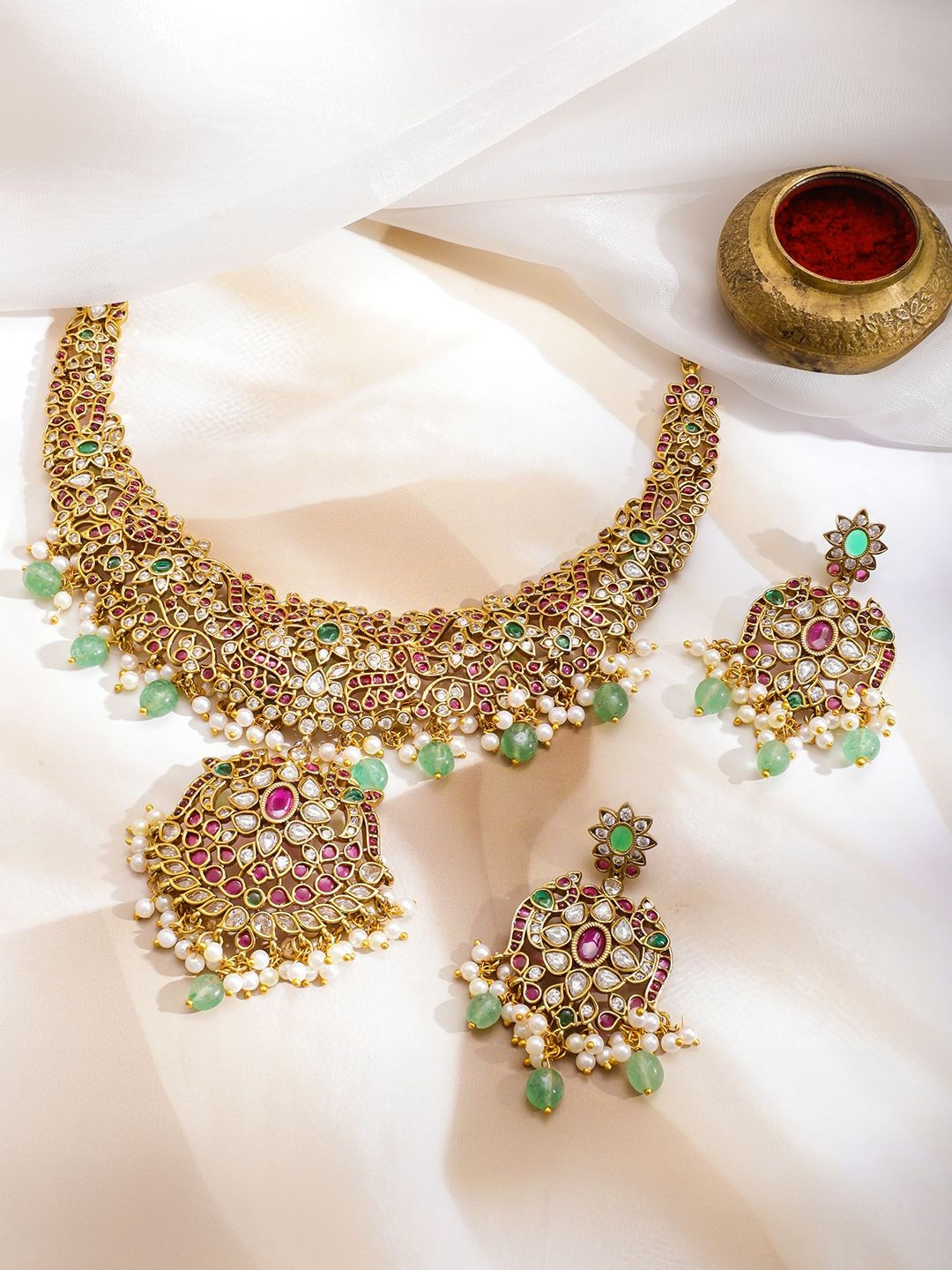 Rubans 22K Gold-Plated Brass Ruby Pink & Green CZ Stones and Beaded Necklace Set
