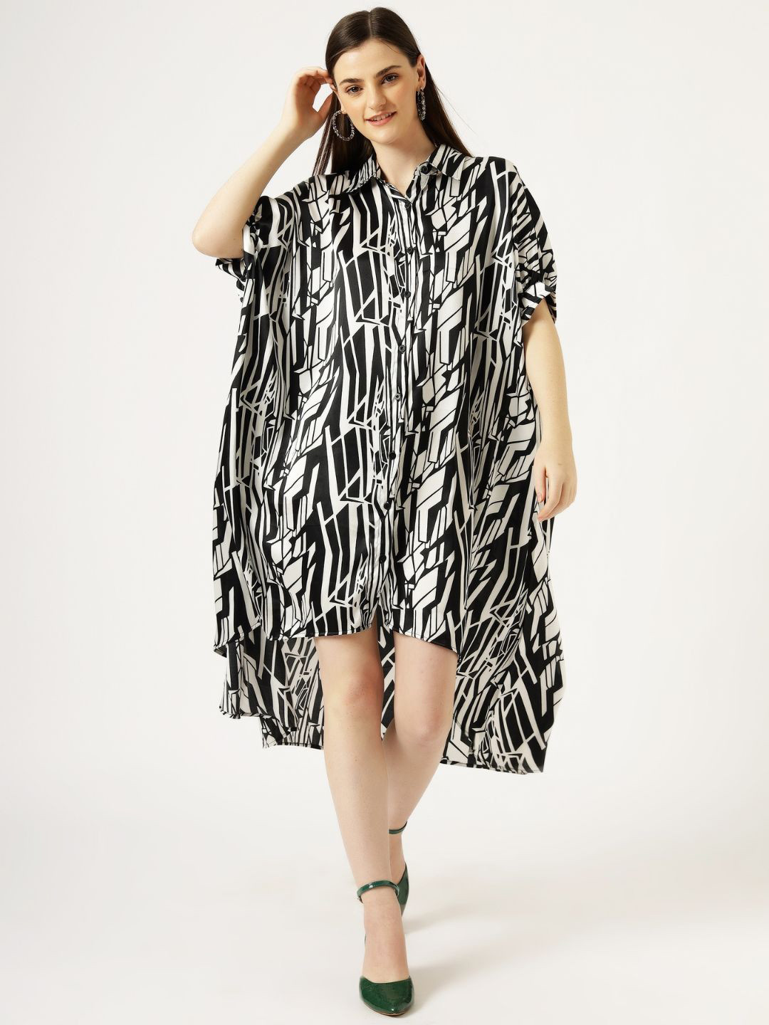 PIAAH Abstract Print Black and White High-Low Oversized Shirt Dress