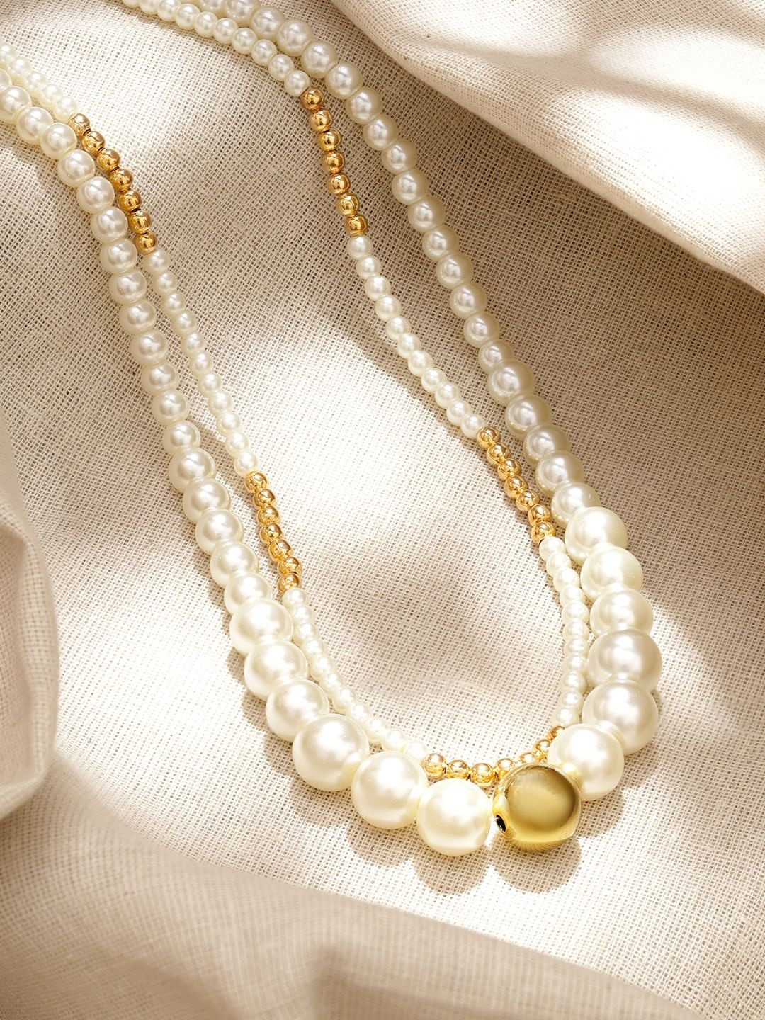 Rubans 18K Gold-Plated Dual-Layer White Pearl & Golden Beaded Statement Necklace