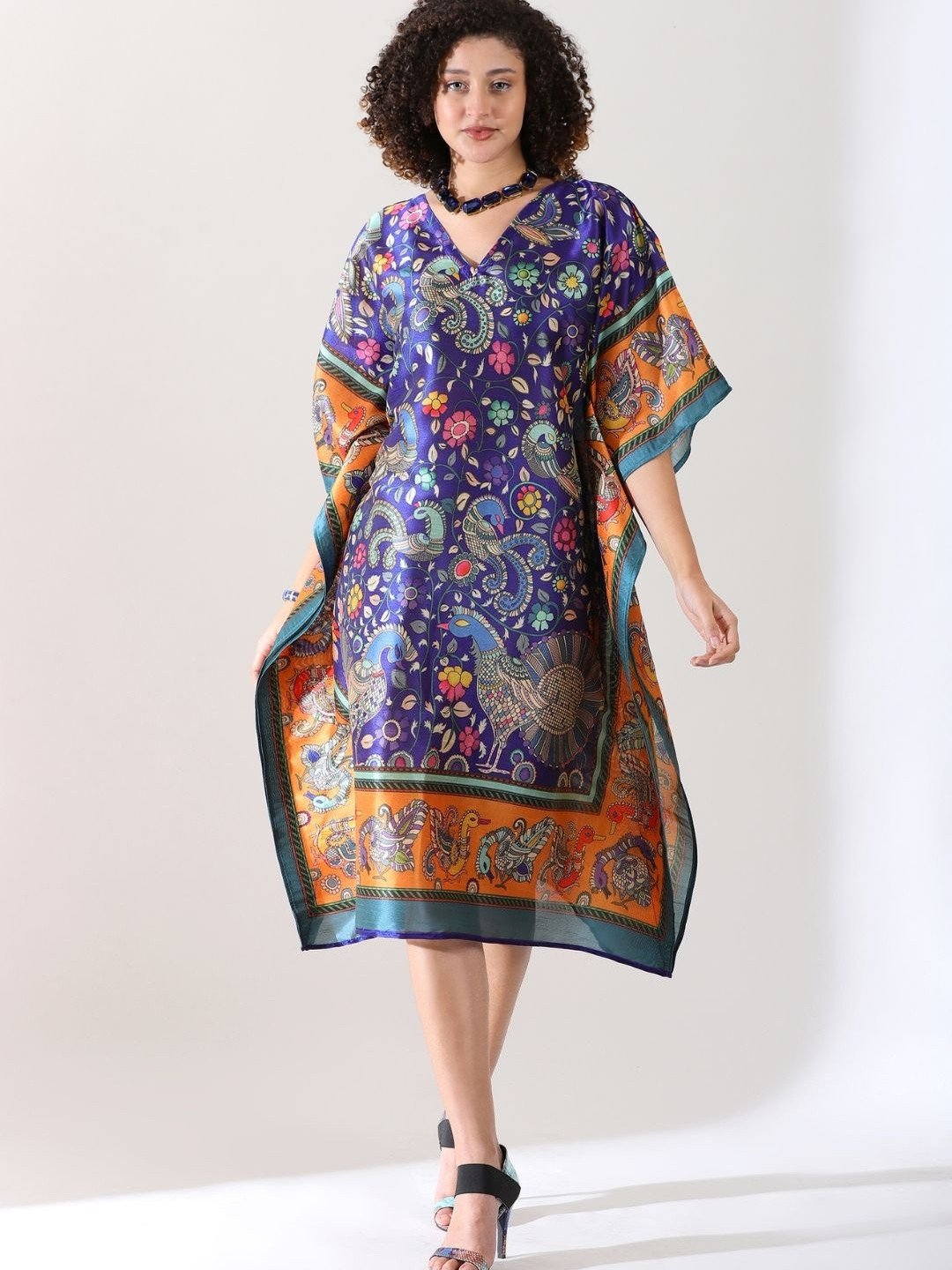 PIAAH Bohemian Peacock & Floral Print Navy Blue and Orange Tunic Kaftan Dress