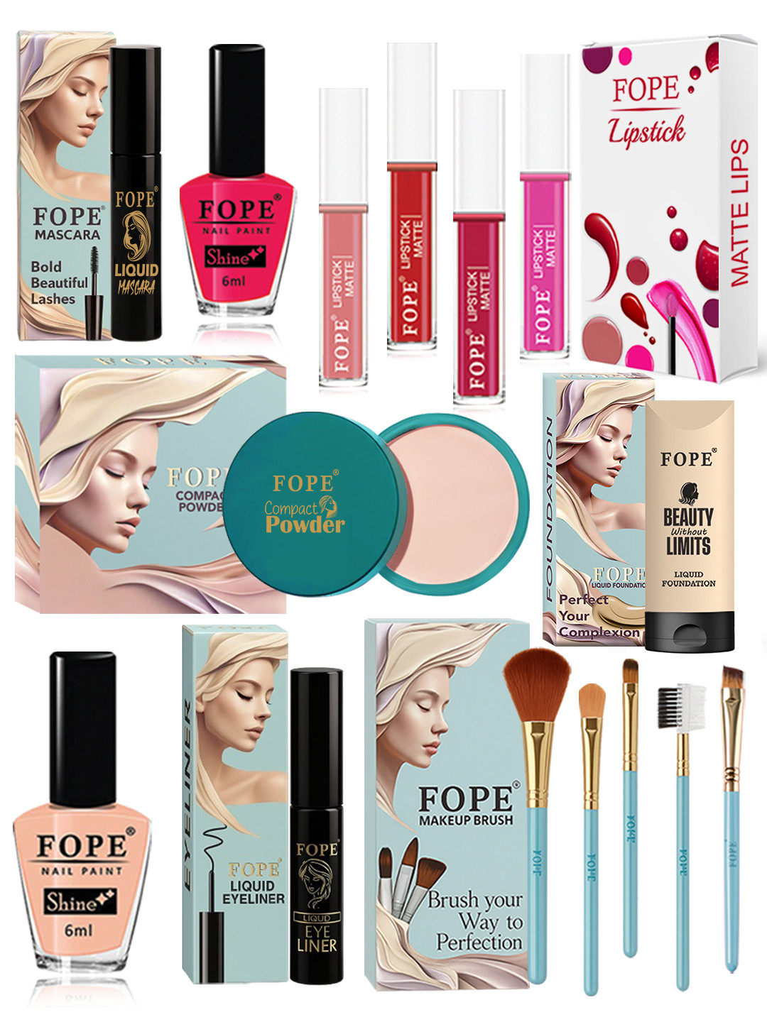 FOPE Set Of 15 Long Lasting Smudge Proof Lightweight Radiant Look Makeup Combo