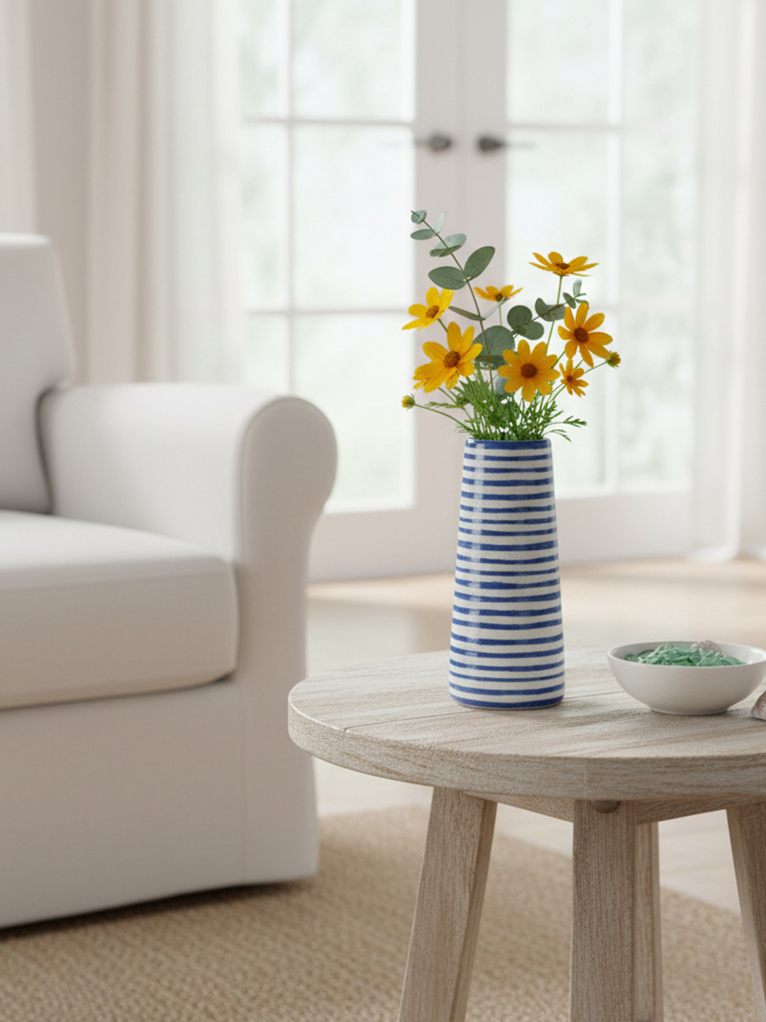The Decor Lane White & Blue Striped Ceramic Vase