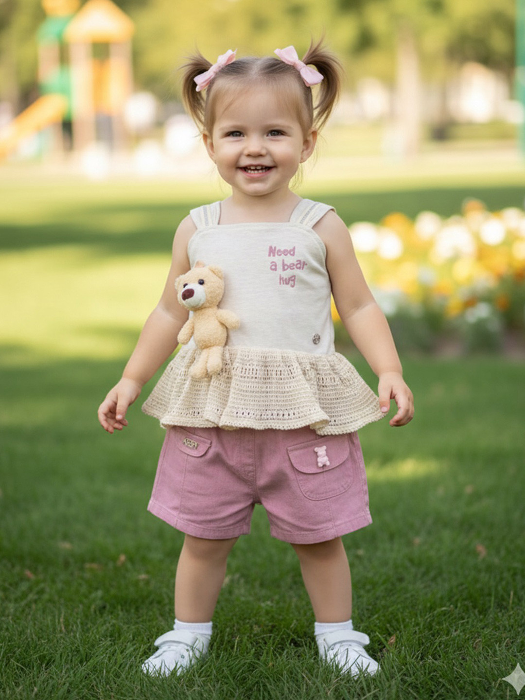 Babys Day Girls Teddy Bear Applique Work Pure Cotton Top With Shorts