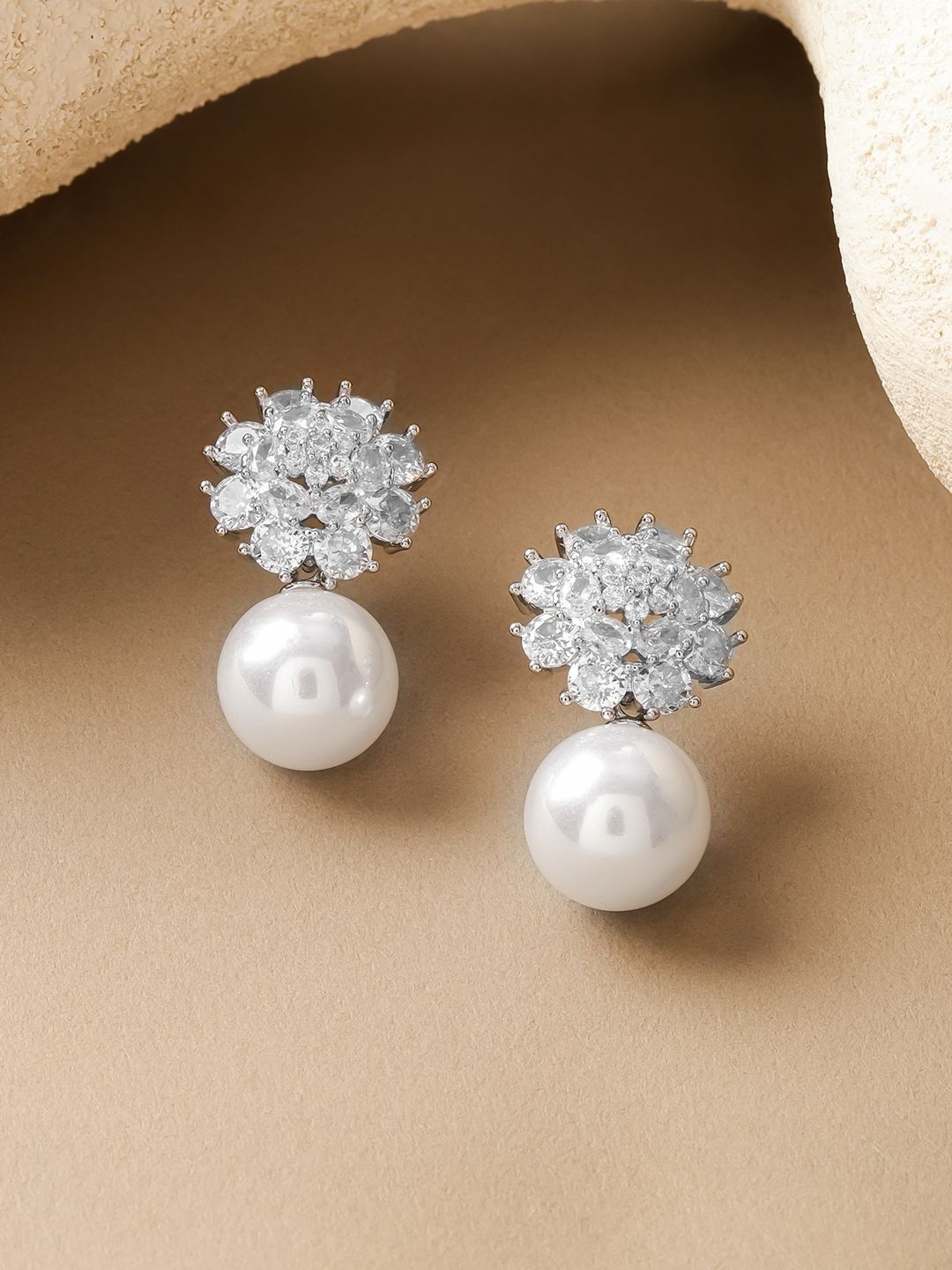 Rubans Rhodium-Plated Cubic Zirconia with White Pearls Drop Floral Studs