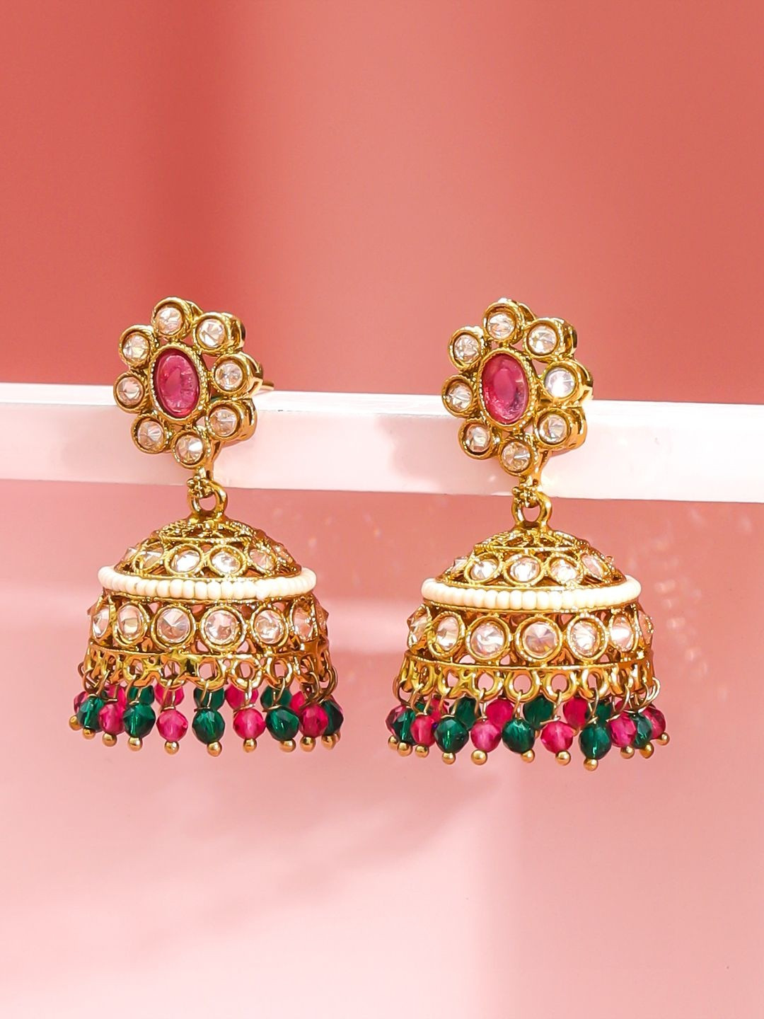 Rubans 18 K Gold Plated Kundan Studded And Beaded Dome Shaped Jhumkas