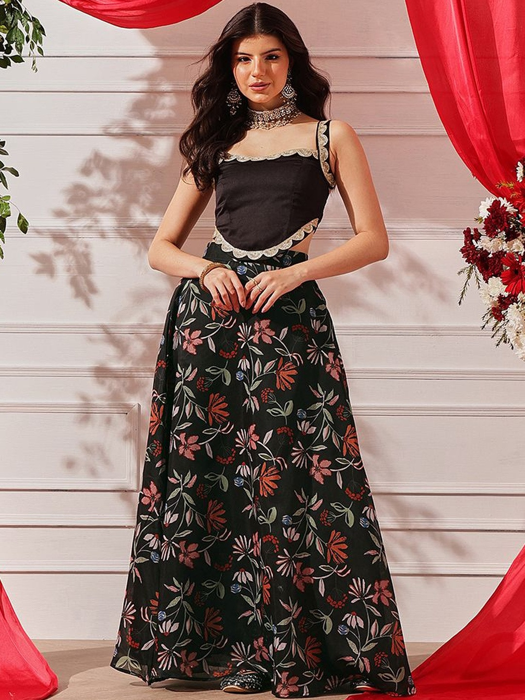 indo street Embroidered Shoulder Straps Chanderi Top With Skirt