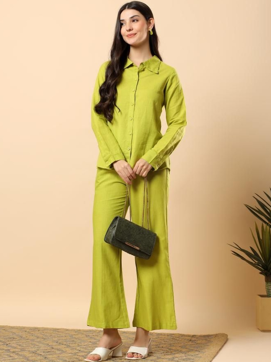 Angkor Women Cotton Long Sleeves Shirt With Trousers Co-Ord Set