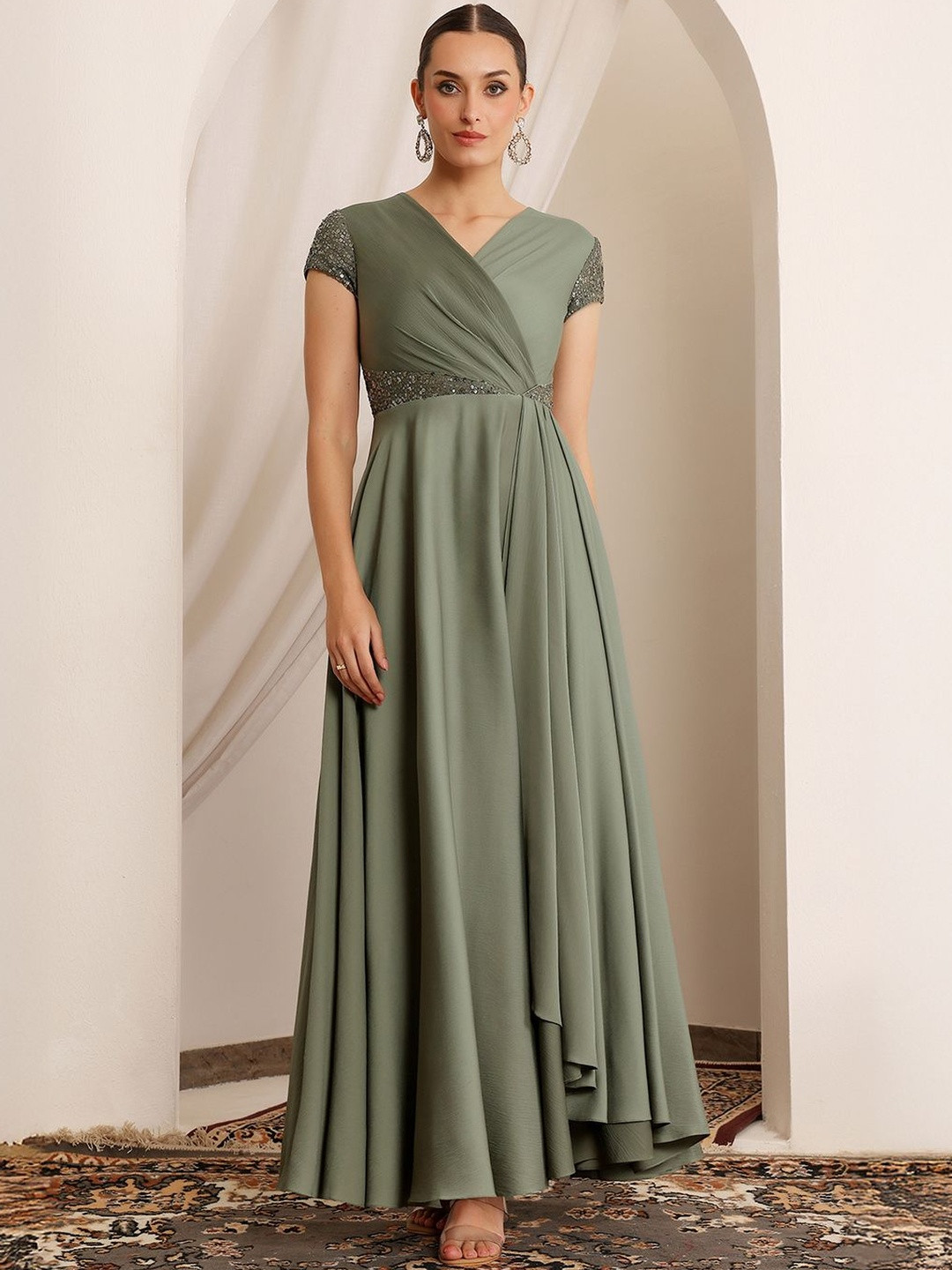 Miss Chase Women Embellished V-Neck Short Sleeves Pleated Maxi Dresses