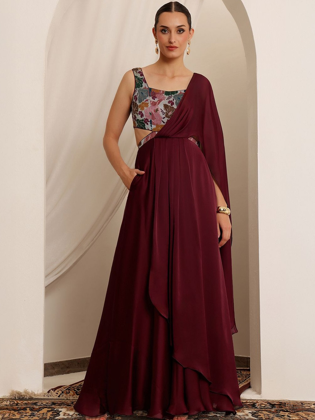 Miss Chase Women Kothi Courtyards Floral Print Square Neck Layered Gown Maxi Ethnic Dress