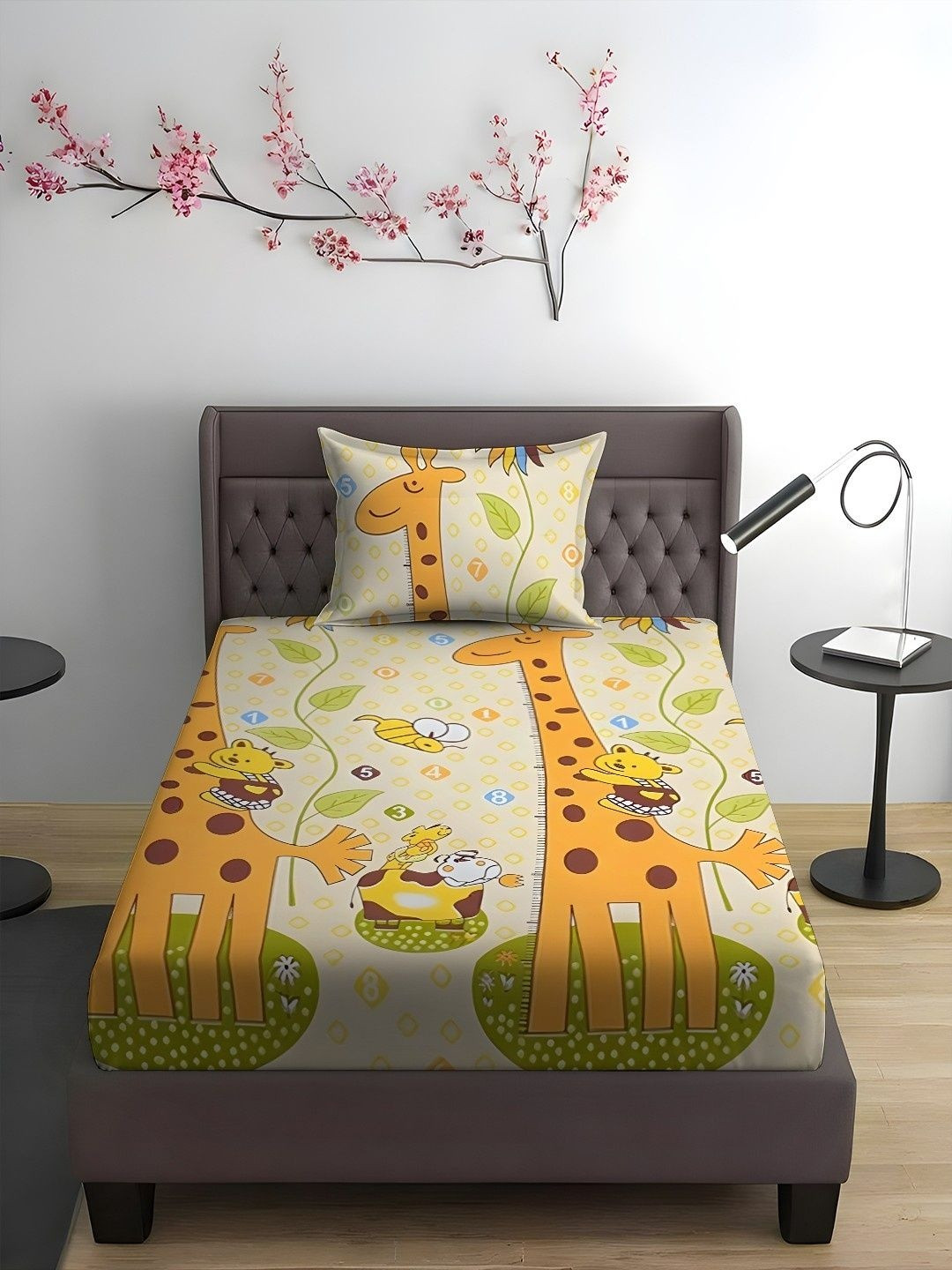 WEAVE AND DECOR Beige Cartoon Characters 300 TC Single Bedsheet with 1 Pillow Covers