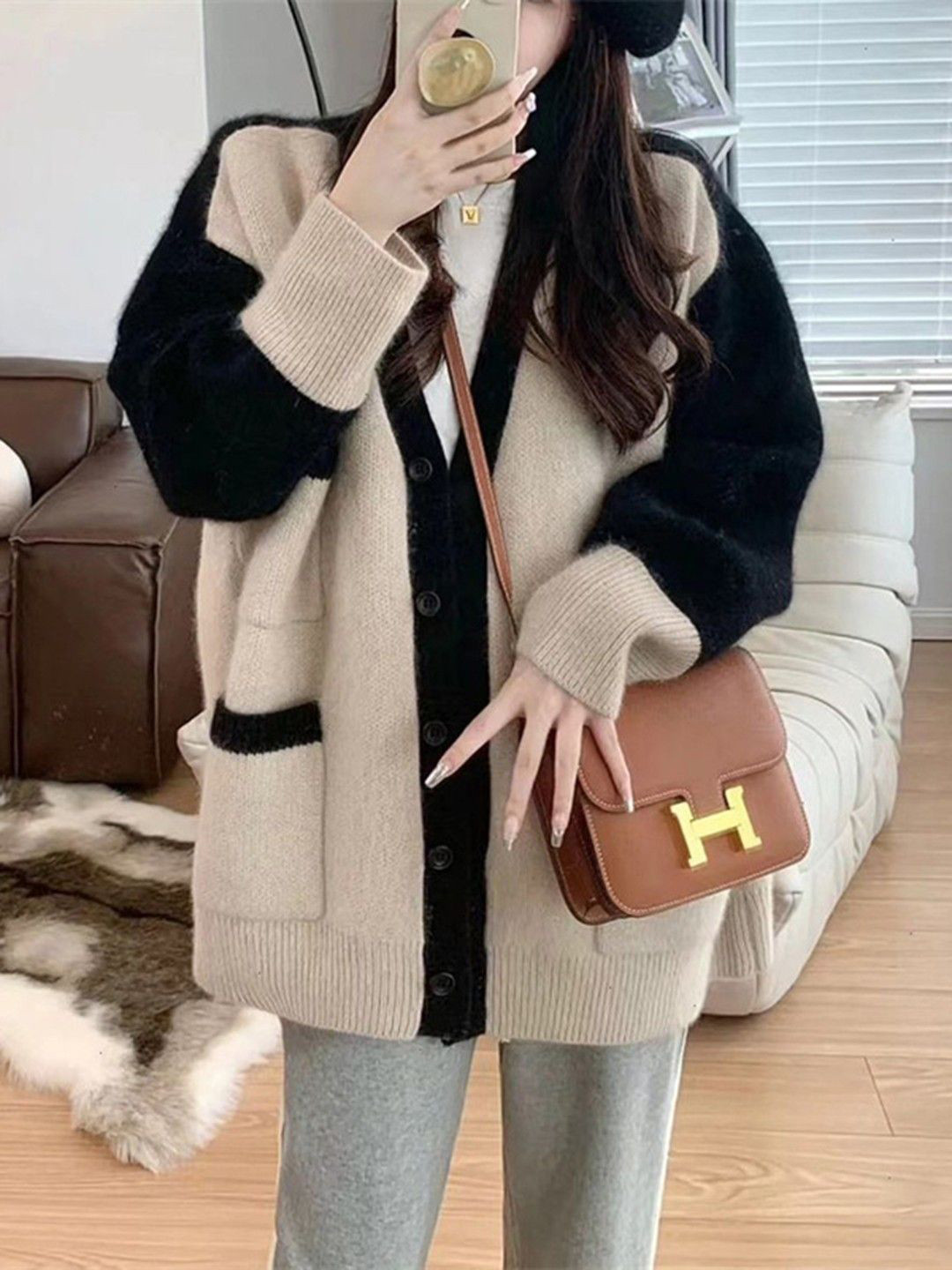 Mast & Harbour Apricot Women Colourblocked V- Neck Cardigan