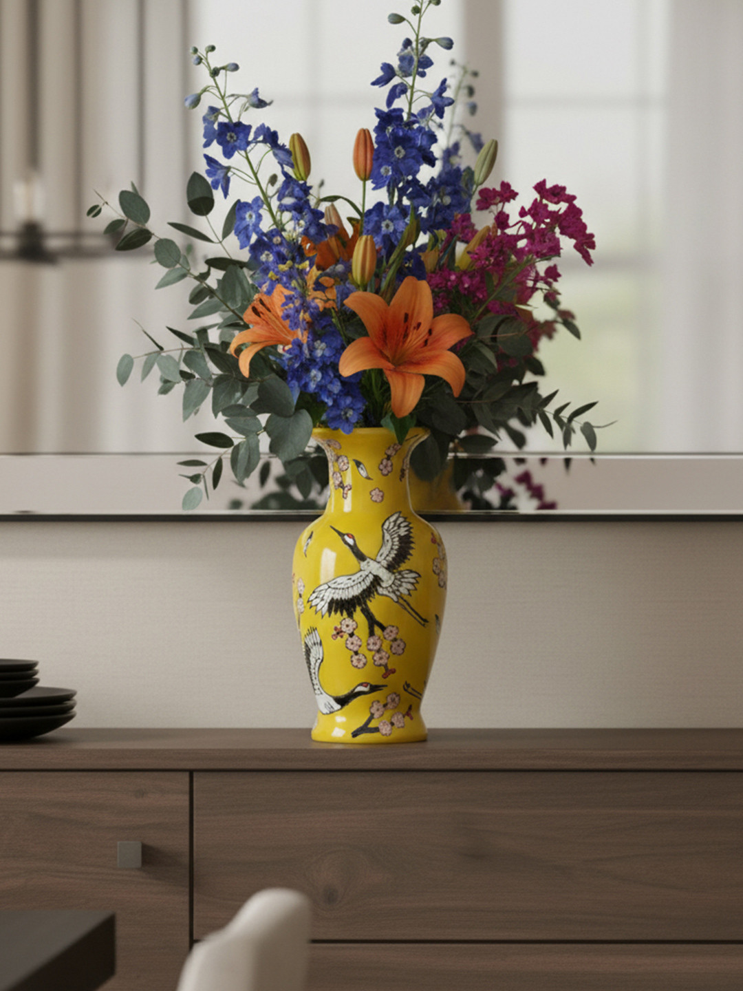 The Decor Lane Yellow & White Floral Printed Ceramic Pottery Vase