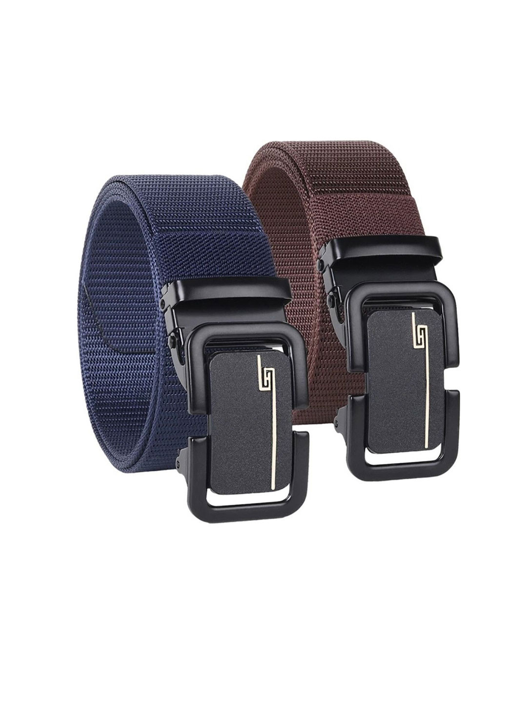 SHOPGLOBAL Men Set Of 2 Woven Design Leather Slider Buckle Belt